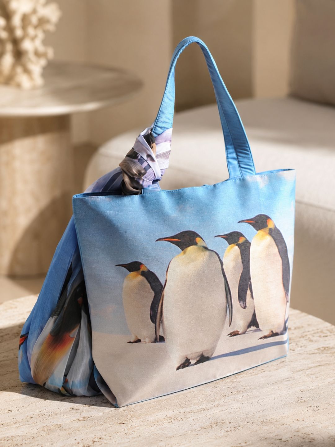 Arctic Companions - Penguin Family Tote with Blue Ombre Wrap