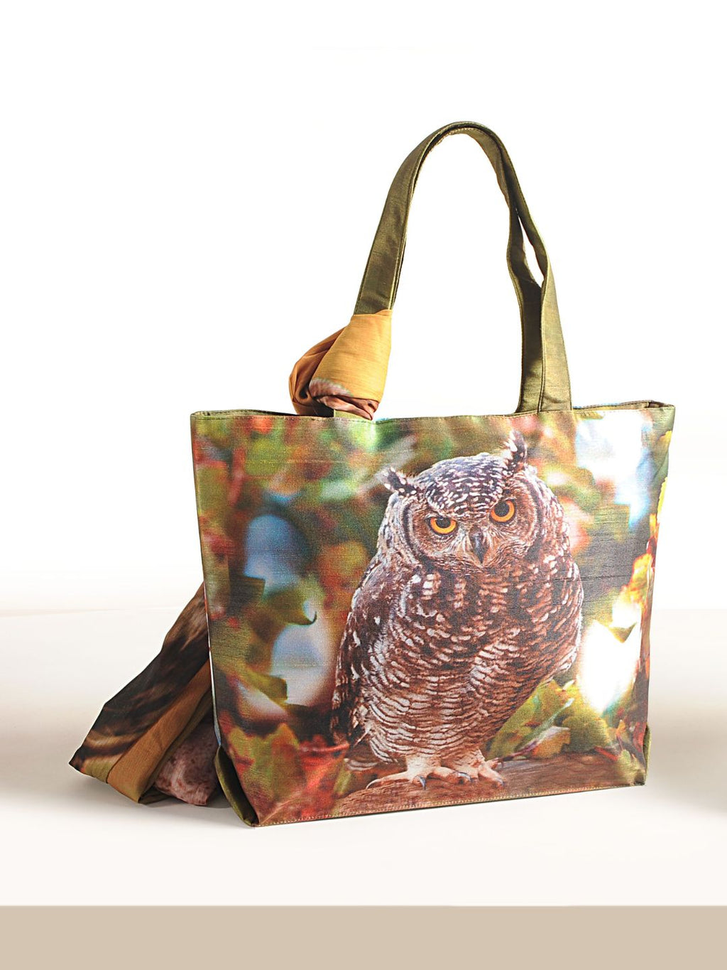 Night Watcher - Owl Portrait Tote with Forest-Hued Wrap
