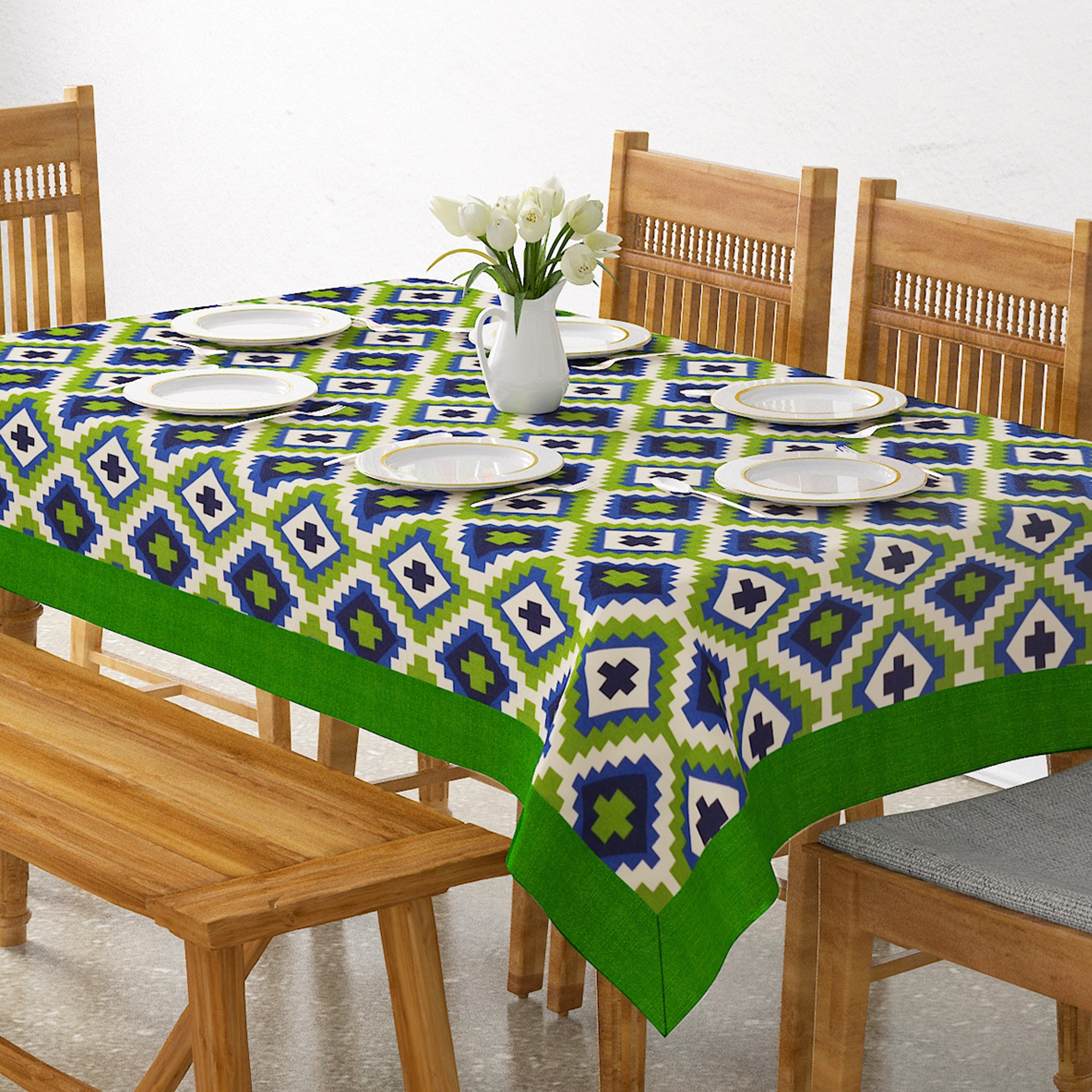 Premium Cotton Geometric Green & Blue Rectangular 8 Seater Table Cover