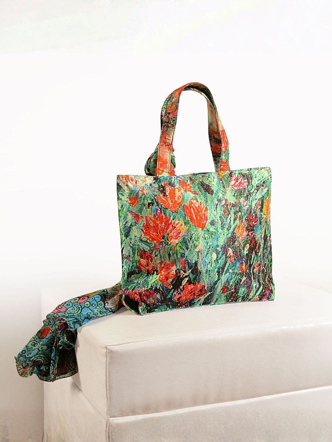 Tropical Bloom Tote - Vibrant Floral Bag with Designer Scarf