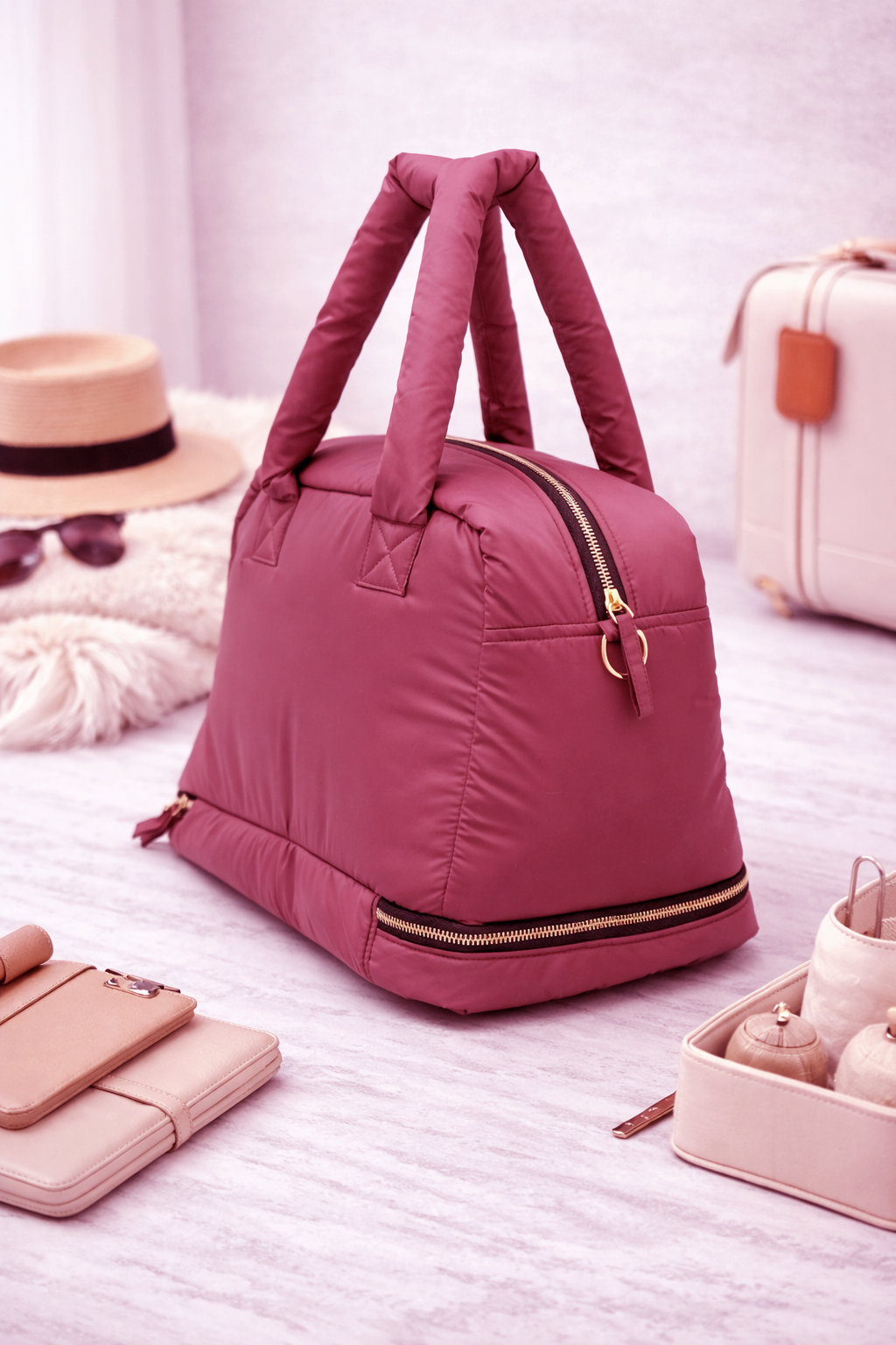 Puffer Overnighter Unisex Burgundy Duffel Bag