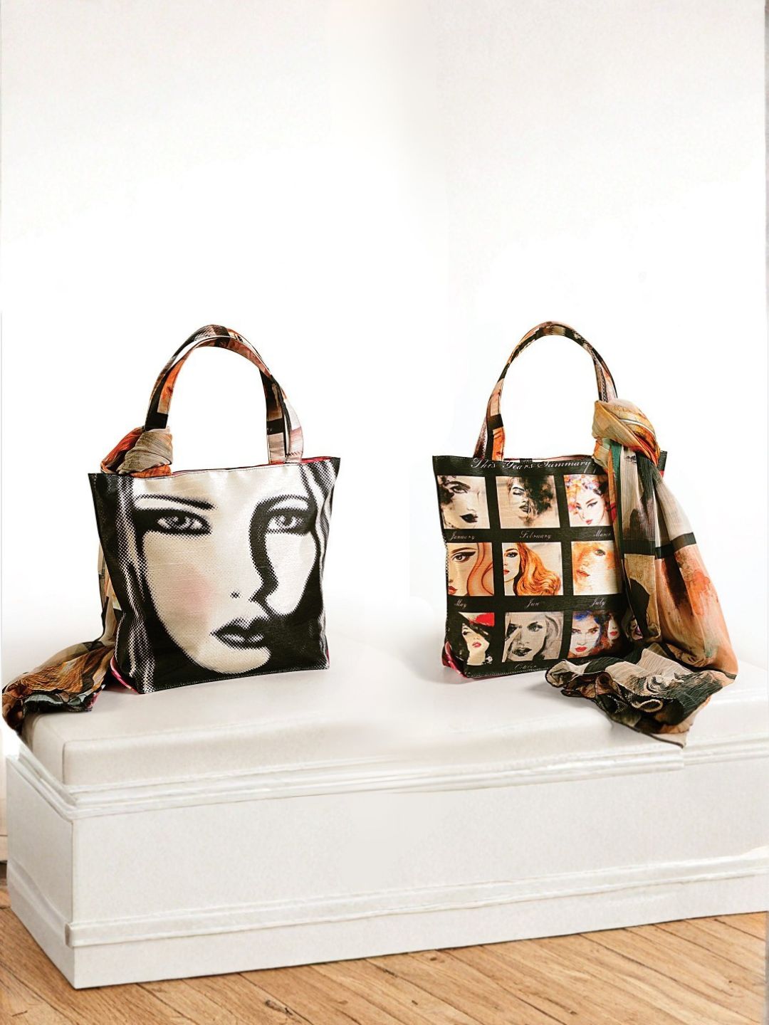 "Retro Glance" Artistic Square-Print Tote Bag with Matching Scarf