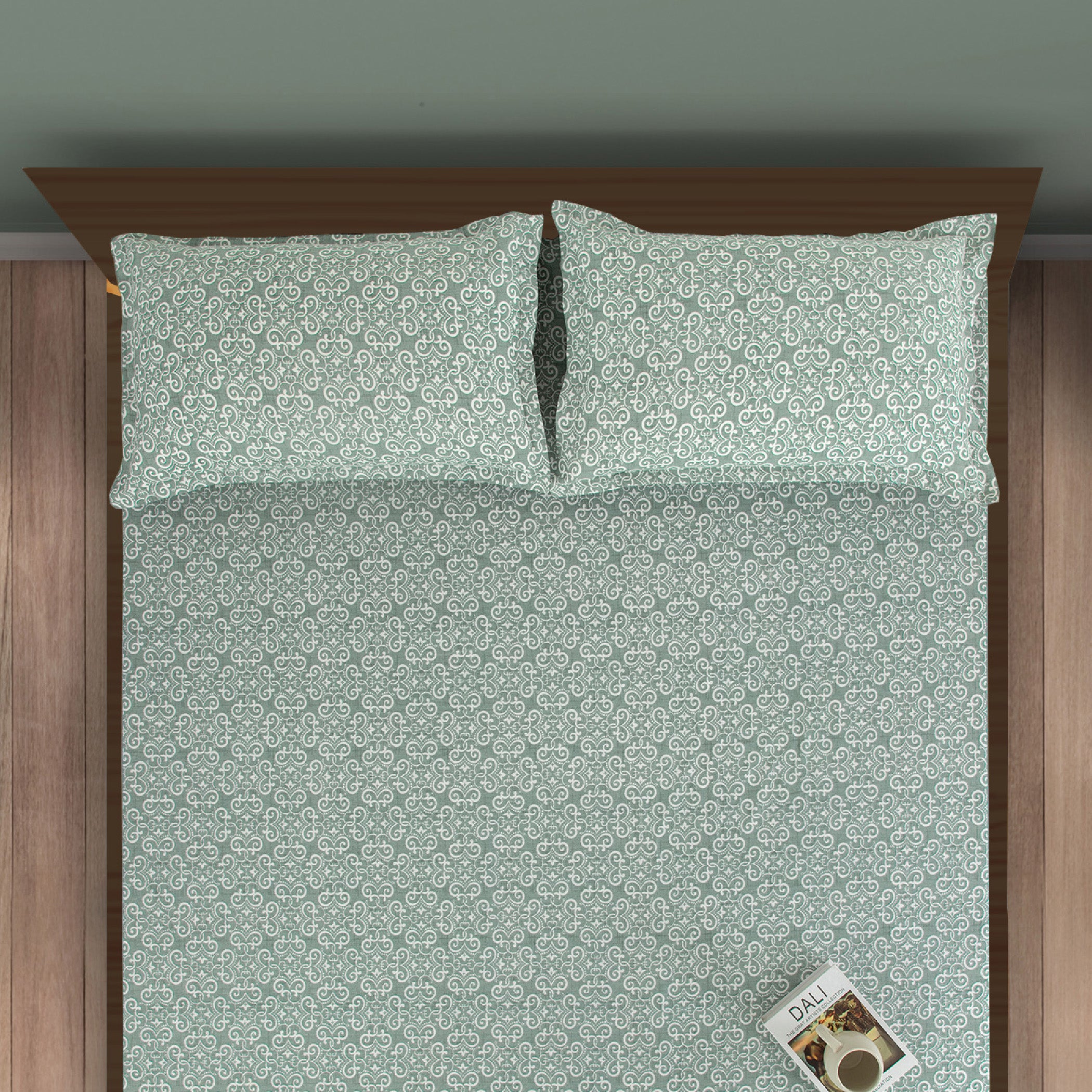 Ornamental Swirl Sage Green 210 TC Pure Cotton Super King Bedsheet with 2 Pillow Covers (108 x 108 Inches)