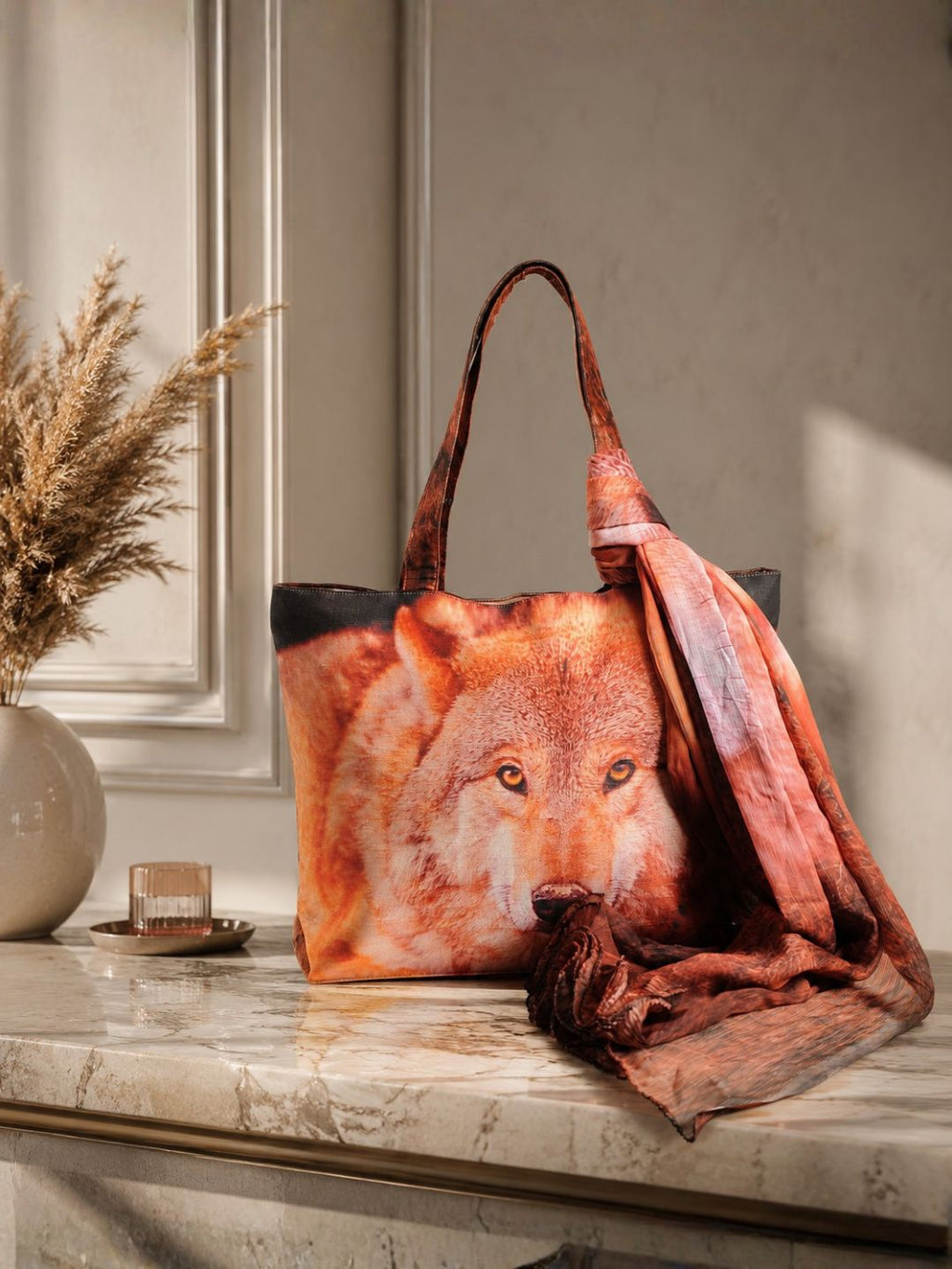 Wildfire Spirit - Wolf Portrait Tote with Earthy Flame Wrap