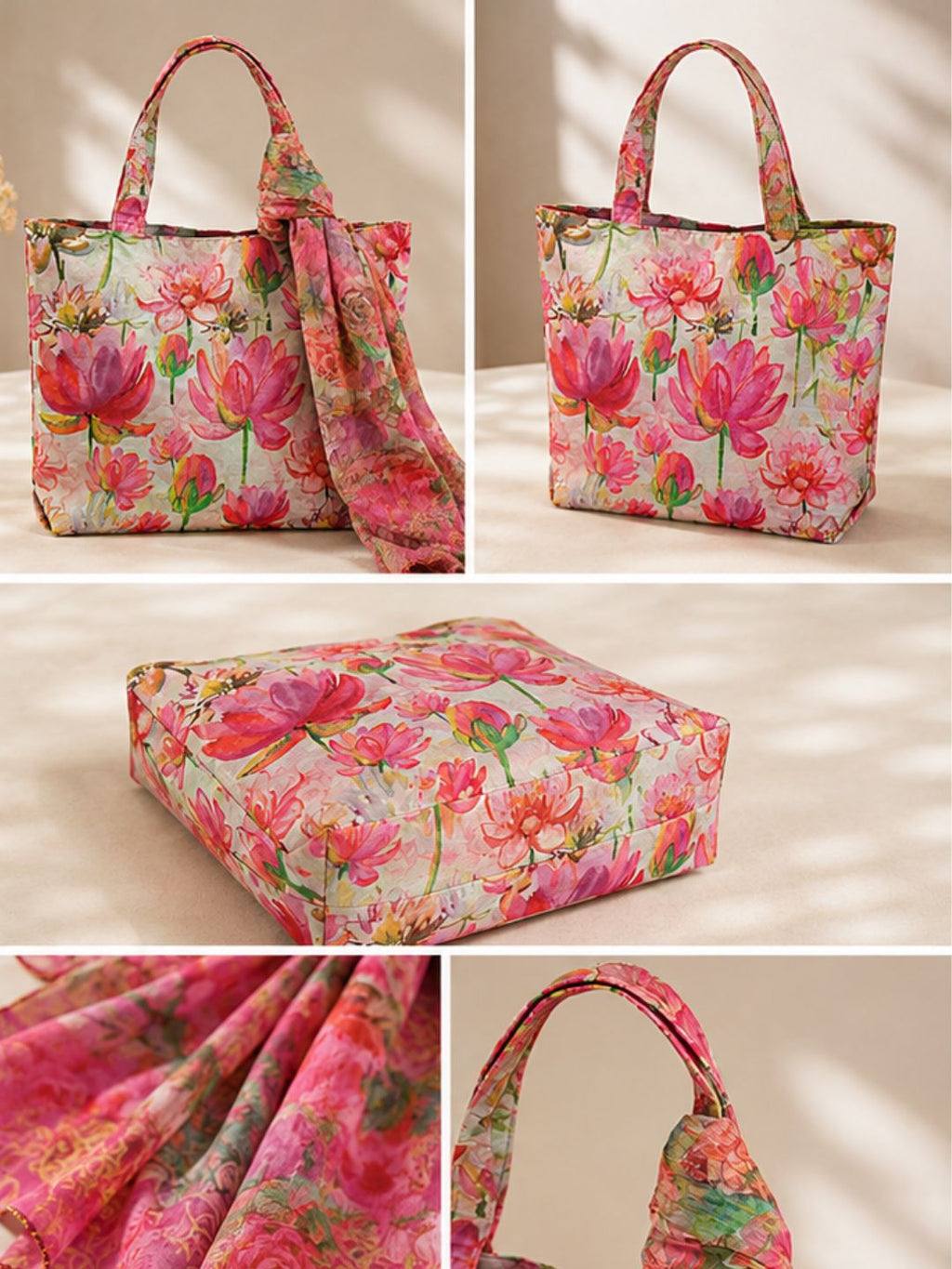 Bloom Whimsy - Pink Lotus & Rose Tote with Floral Wrap