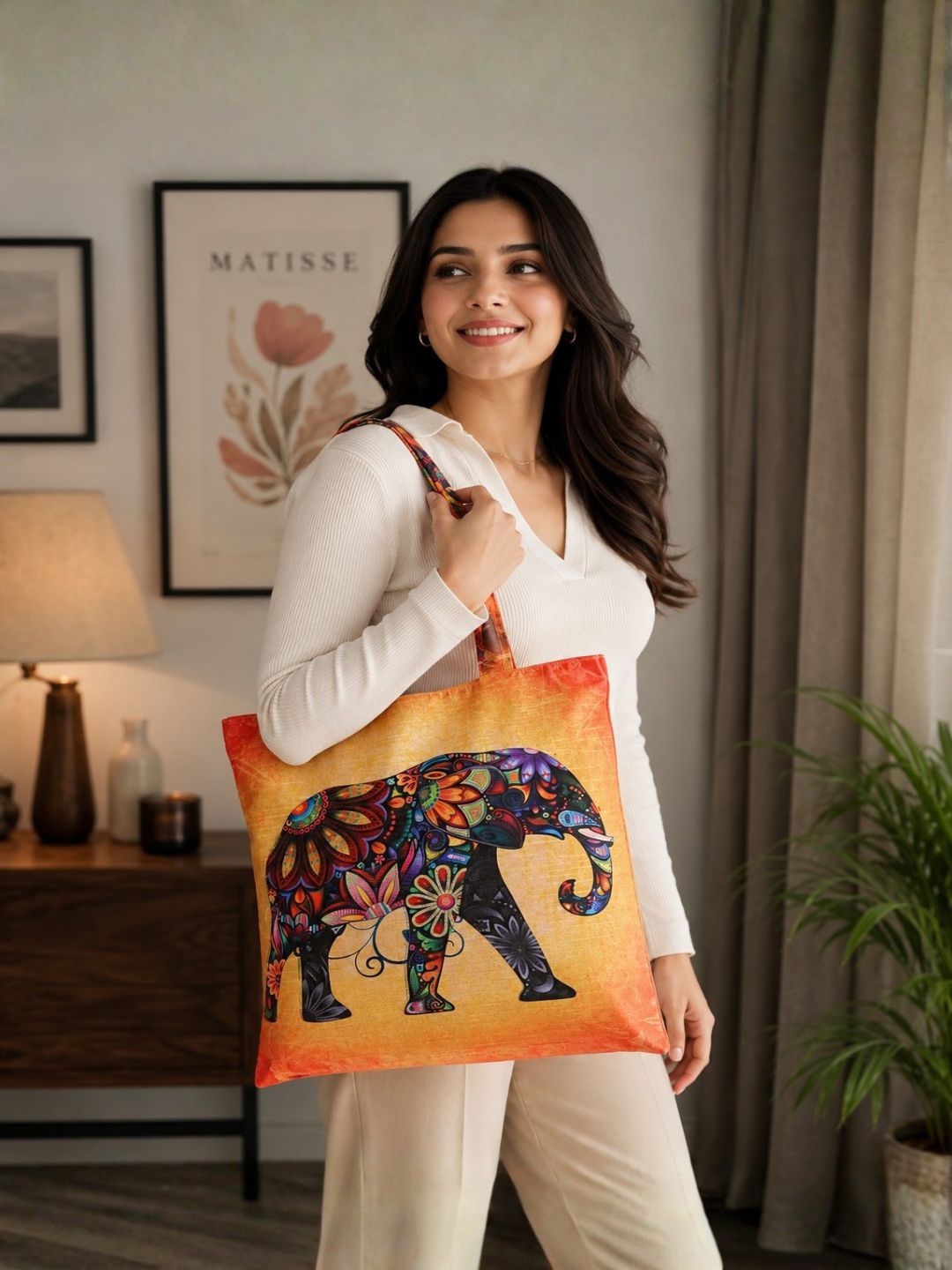 Boho Royal Elephant - Artistic Printed Tote Bag with Inner Pockets & Sturdy Dual Handles