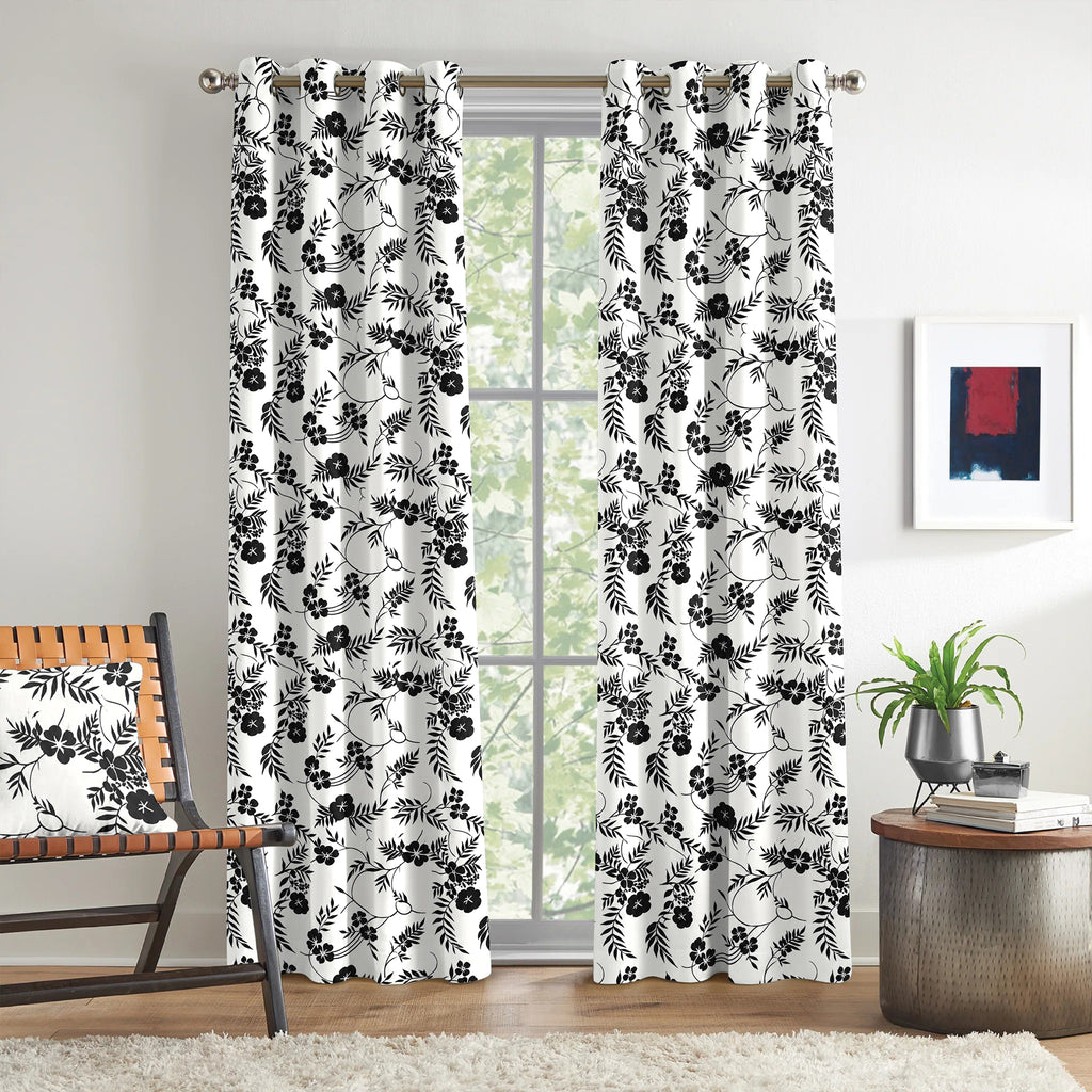 White Black Botanical Bloom 220 GSM Cotton Casement Eyelet Curtain
