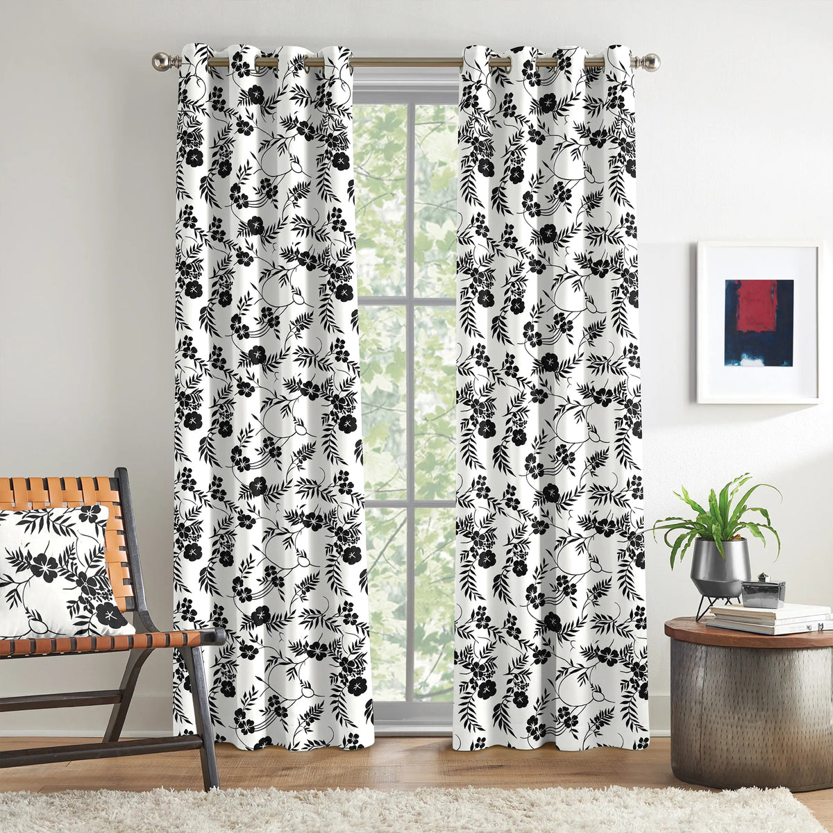 White Black Botanical Bloom 220 GSM Cotton Casement Eyelet Curtain