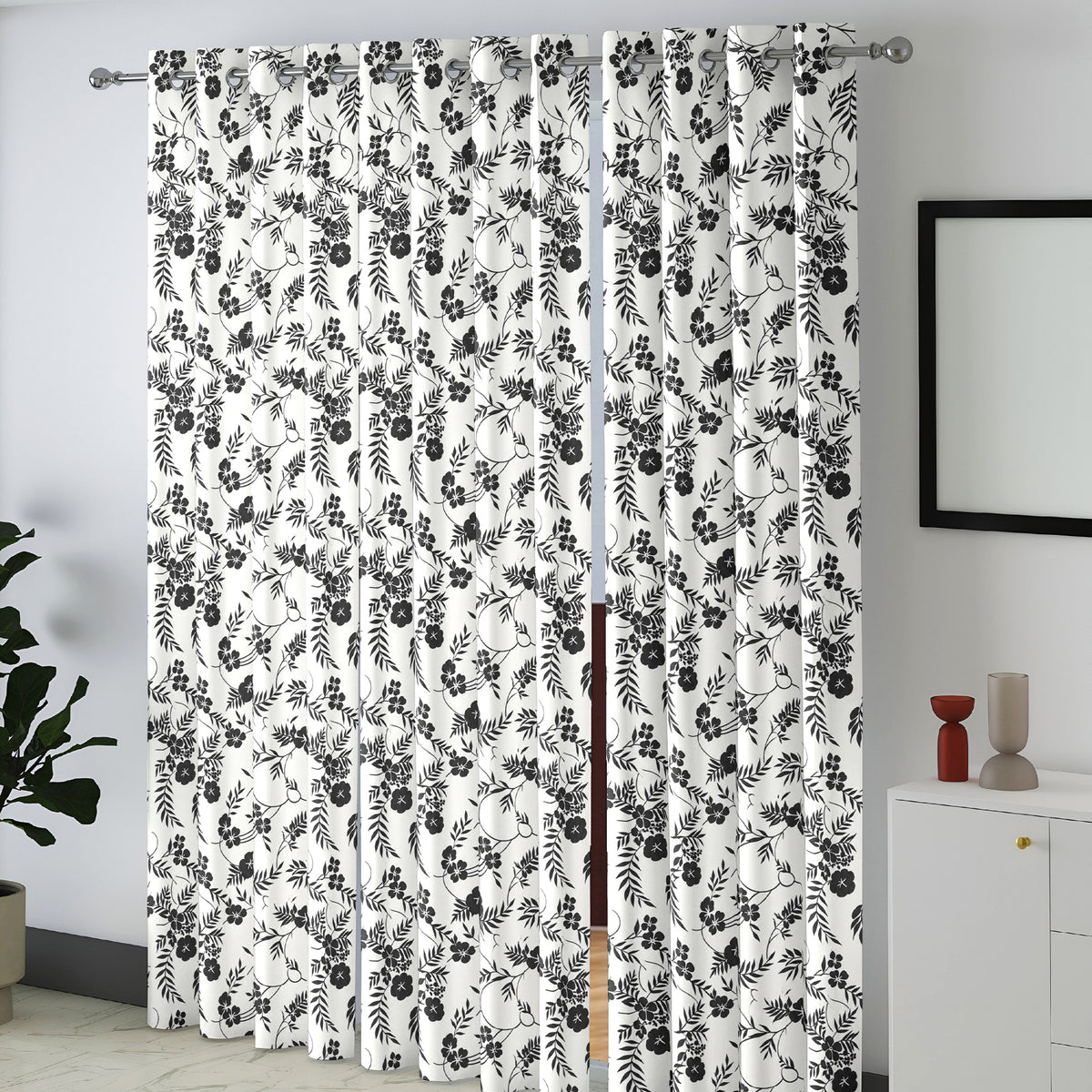 White Black Botanical Bloom 220 GSM Cotton Casement Eyelet Curtain