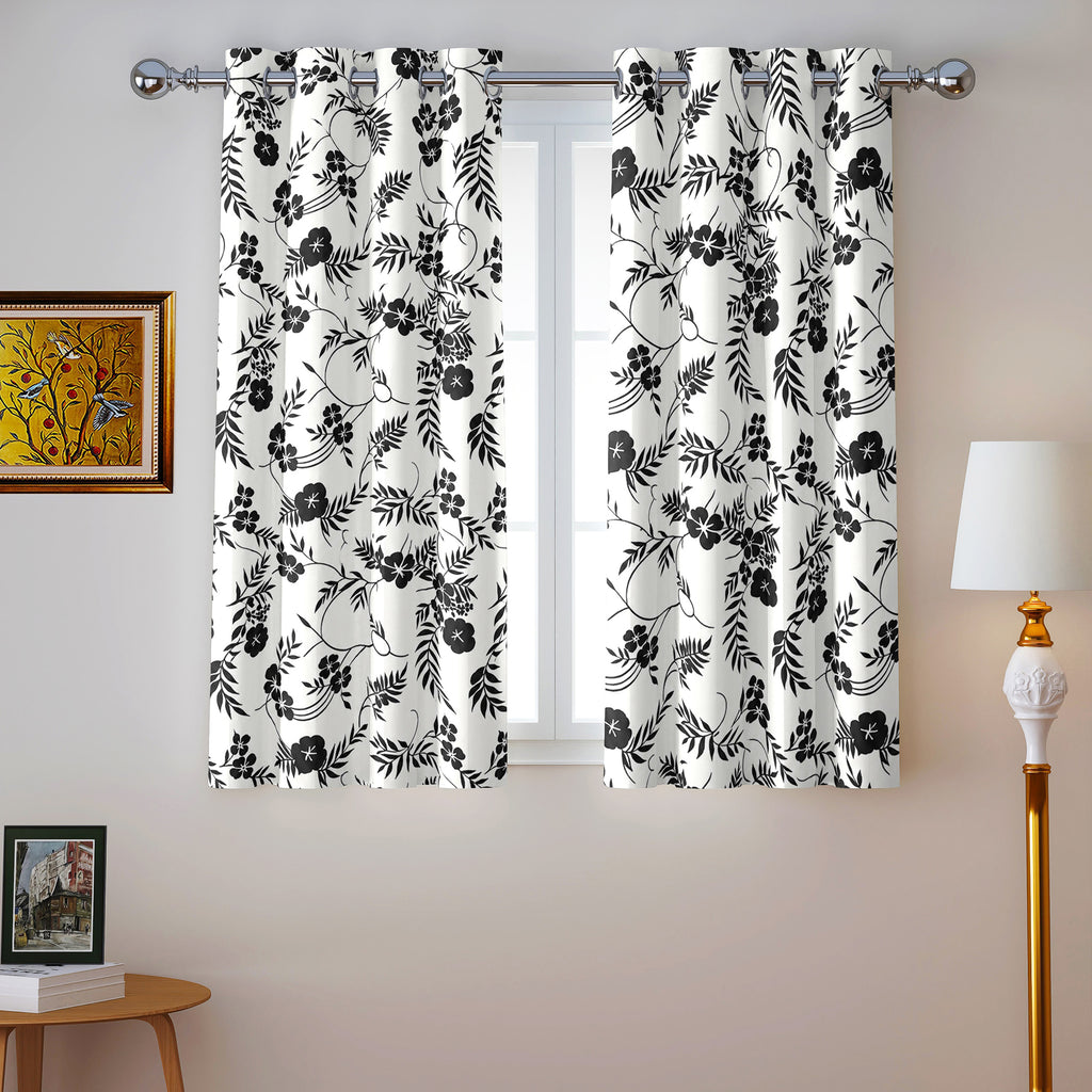 White Black Botanical Bloom 220 GSM Cotton Casement Eyelet Curtain
