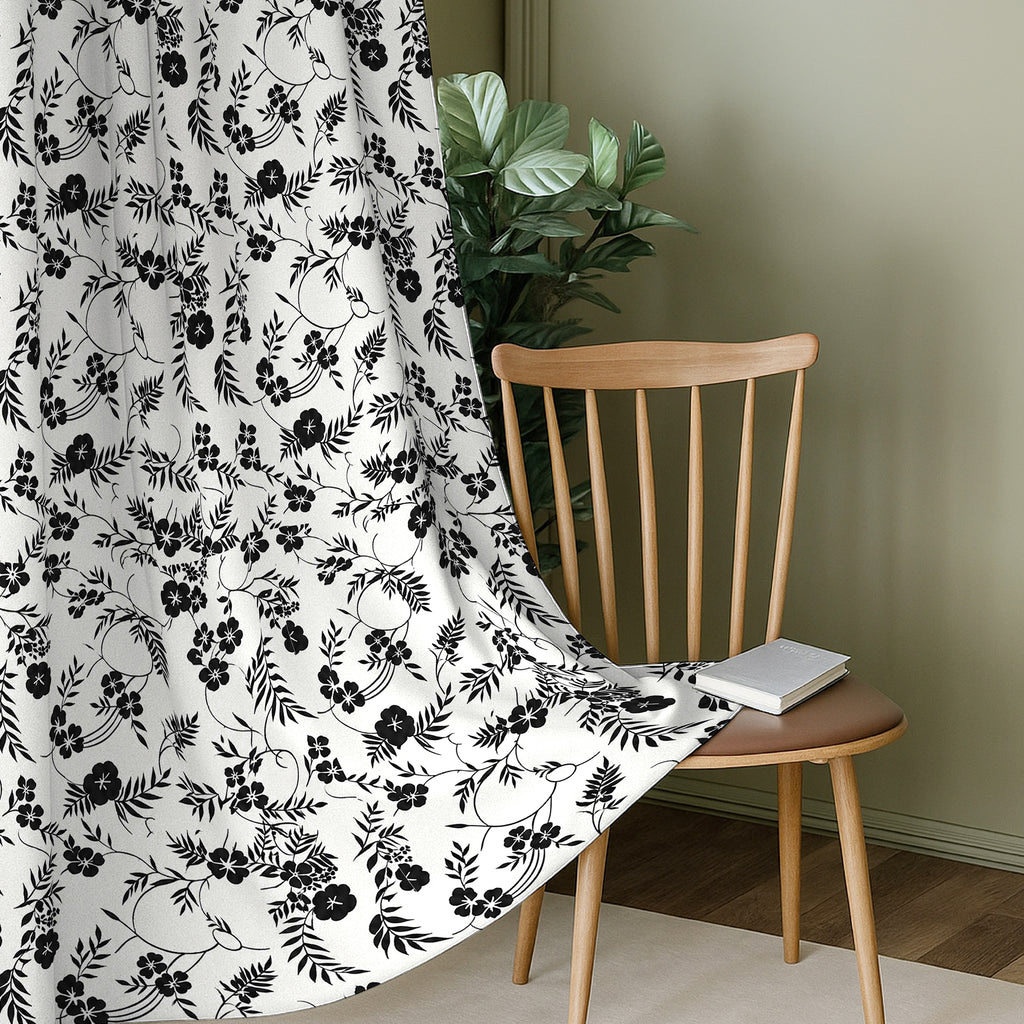 White Black Botanical Bloom 220 GSM Cotton Casement Eyelet Curtain