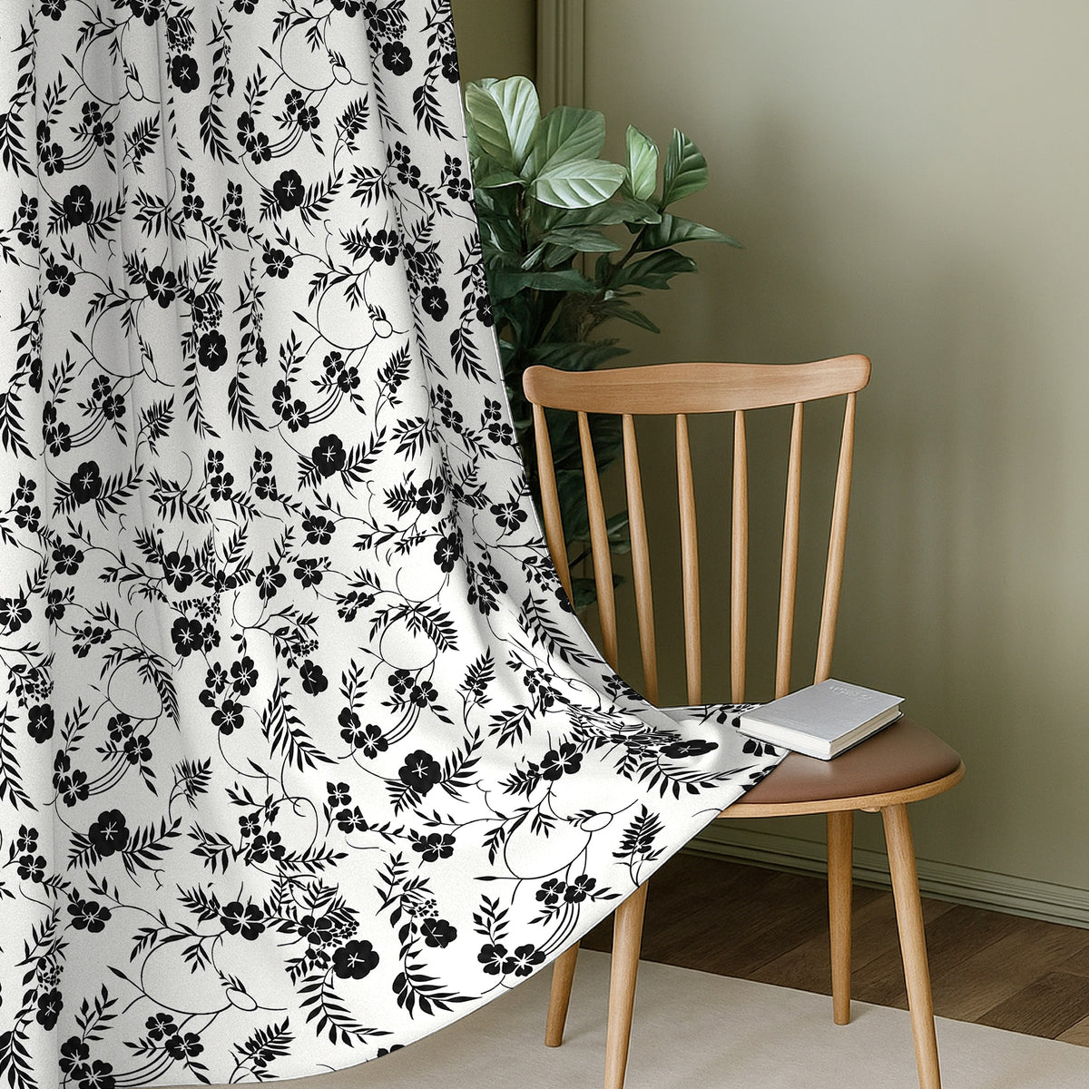 White Black Botanical Bloom 220 GSM Cotton Casement Eyelet Curtain