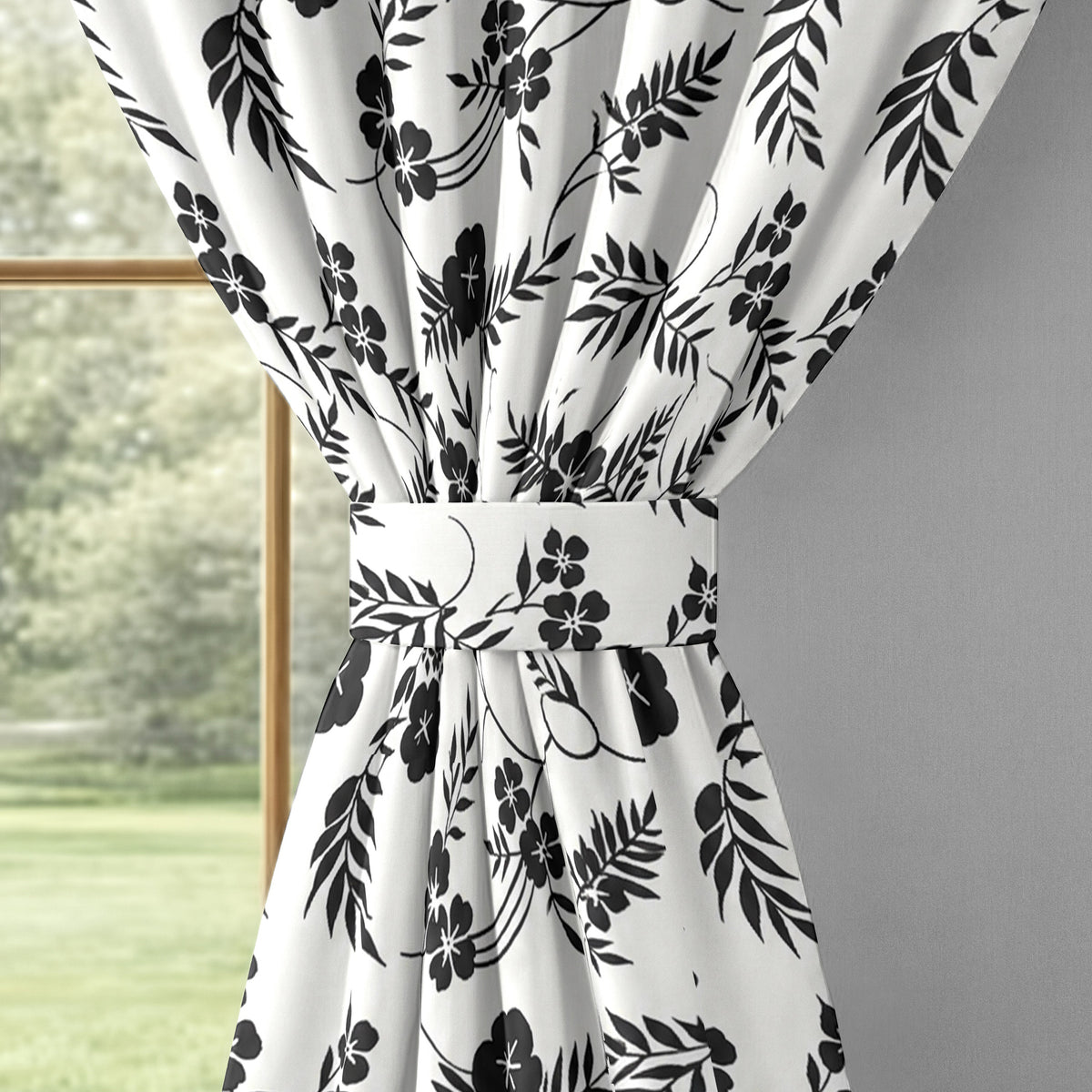 White Black Botanical Bloom 220 GSM Cotton Casement Eyelet Curtain
