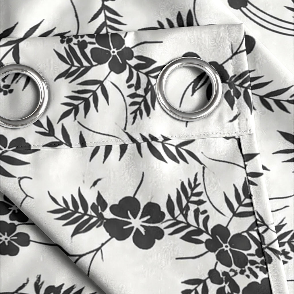 White Black Botanical Bloom 220 GSM Cotton Casement Eyelet Curtain