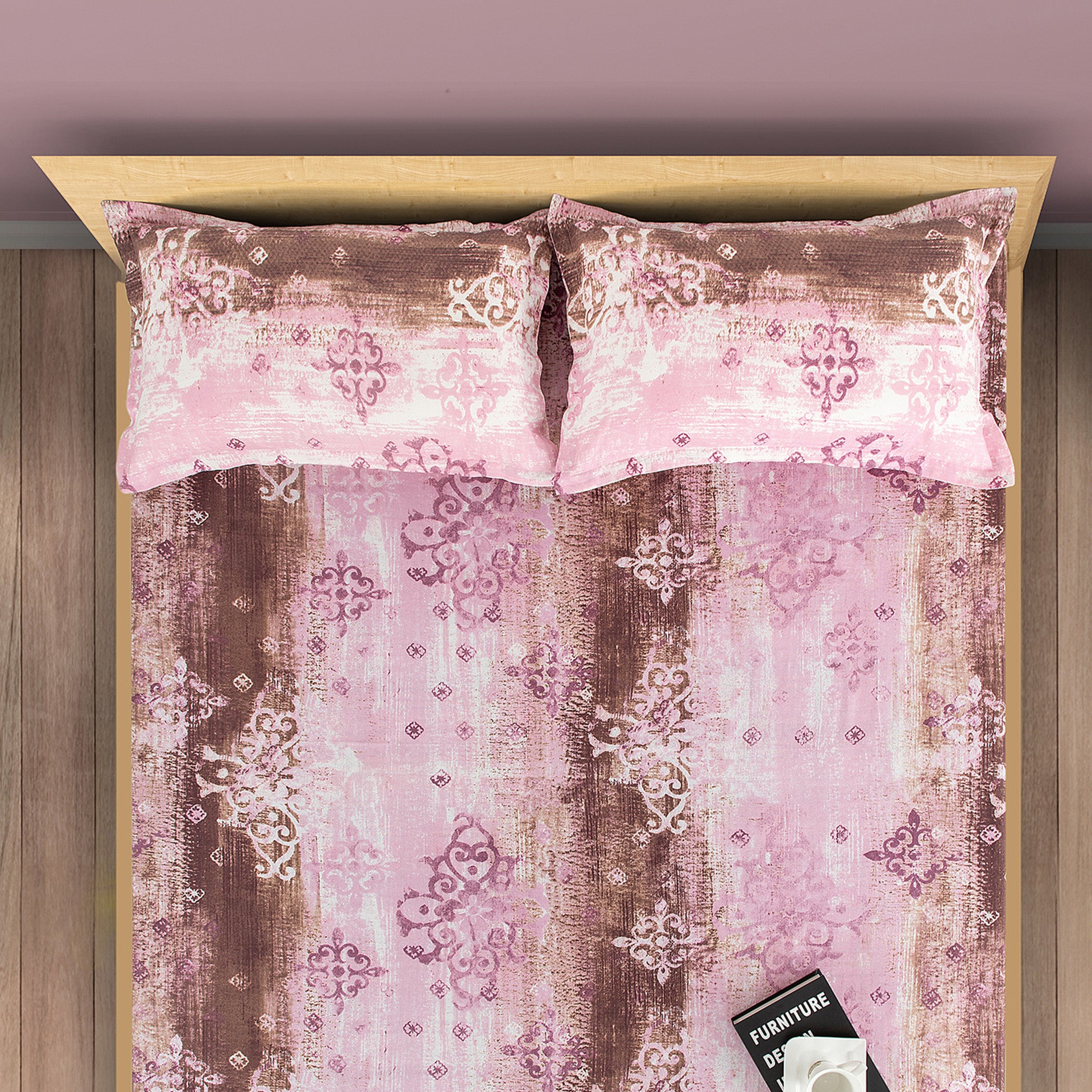 Rose Damask Pink & Brown Abstract 160 TC Pure Cotton Bedsheet with Pillow Cover
