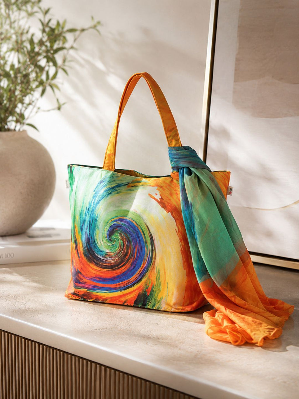 ColorRush Craze - Swirling Abstract Tote with Flowing Scarf