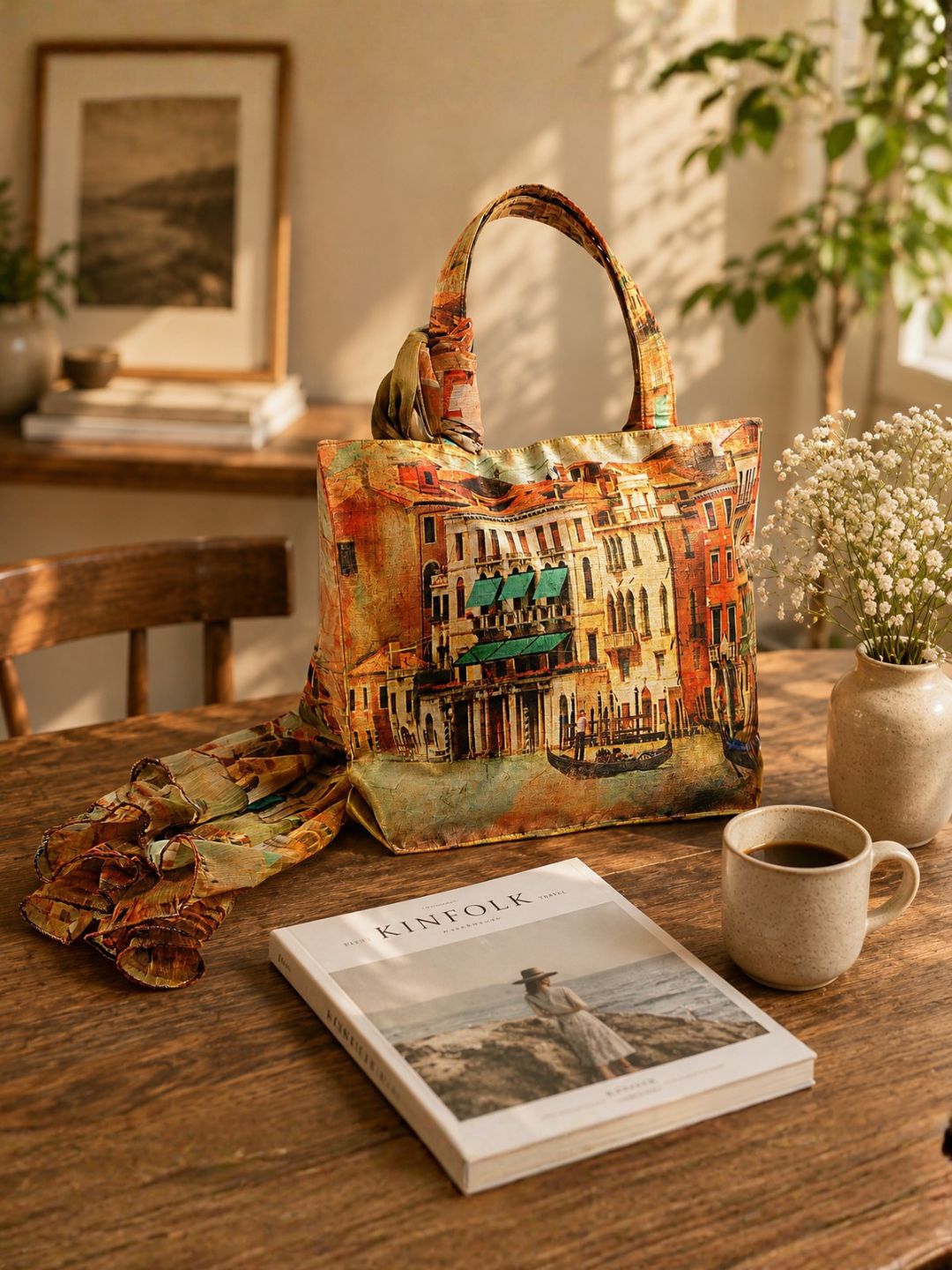 Golden Hour Venice - Premium Art Print Shoulder Bag with Matching Scarf