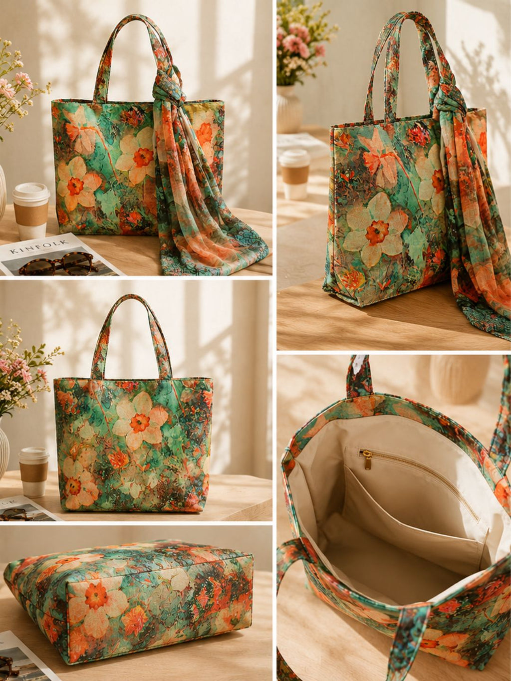 Tropical Bloom Tote - Vibrant Floral Bag with Designer Scarf
