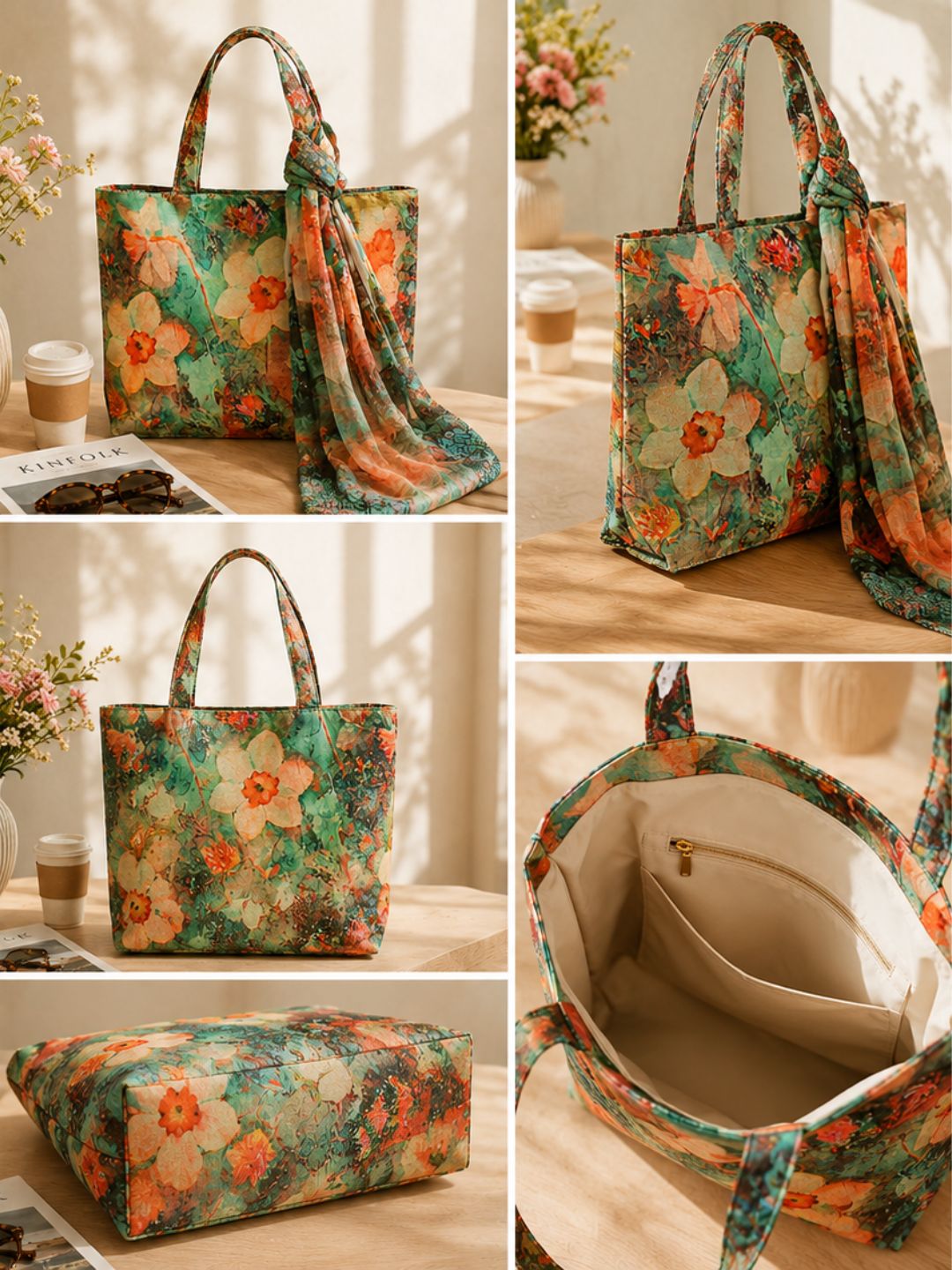 Tropical Bloom Tote - Vibrant Floral Bag with Designer Scarf