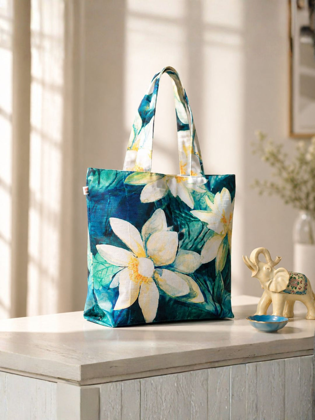 Botanical Lotus Bloom - Floral Printed Tote Bag in Soft Aqua and Yellow Accents