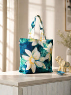 Botanical Lotus Bloom - Floral Printed Tote Bag in Soft Aqua and Yellow Accents