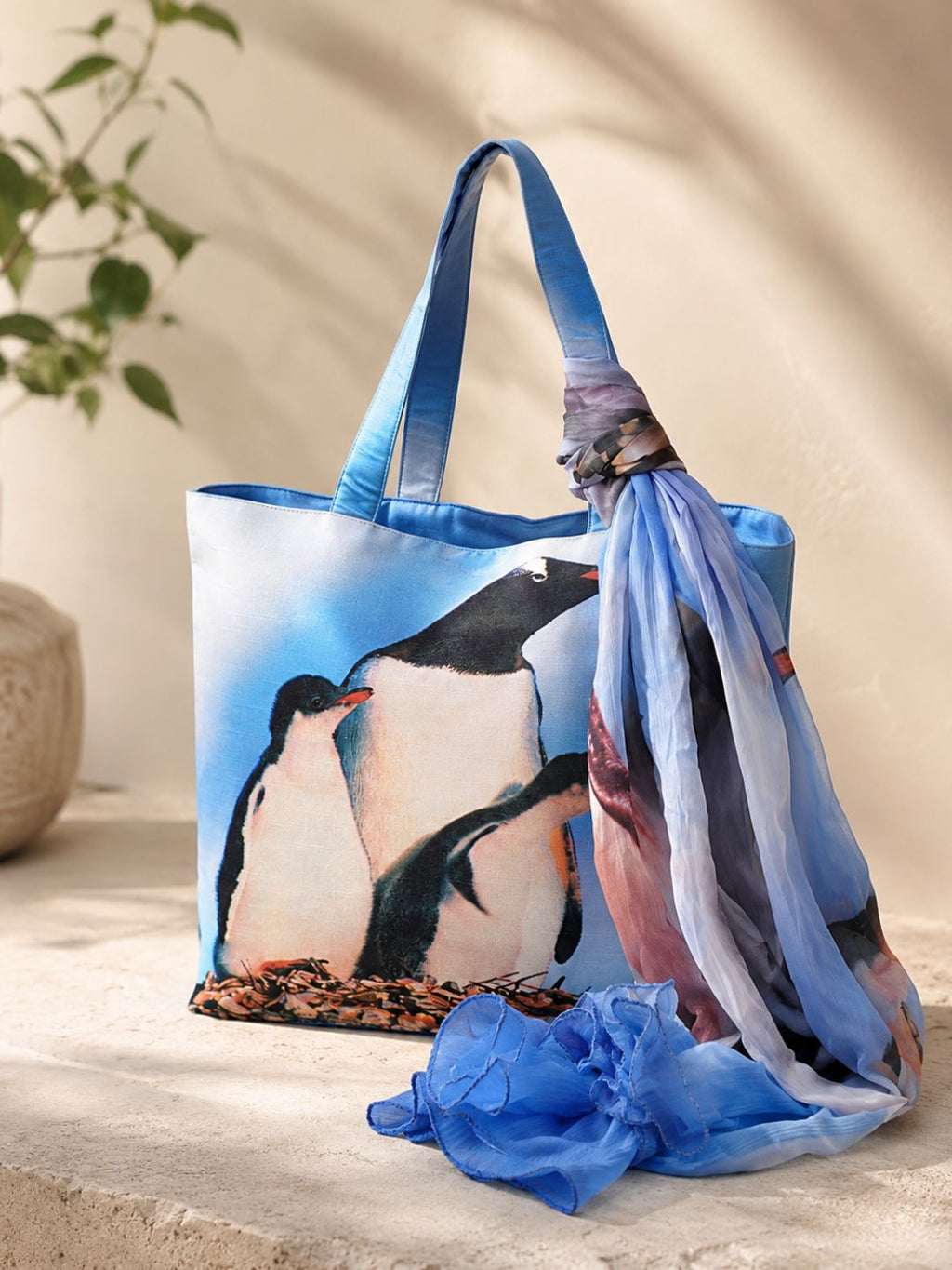 Arctic Companions - Penguin Family Tote with Blue Ombre Wrap