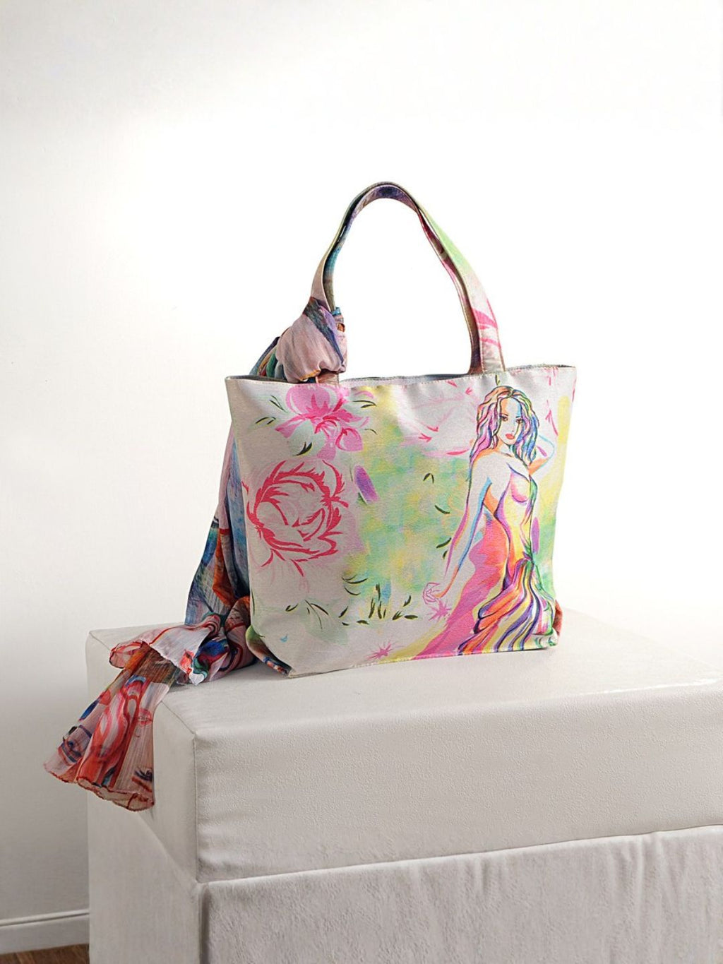 Whimsical Muse - Soft Pastel Shoulder Bag with Artistic Faces & Floral Scarf