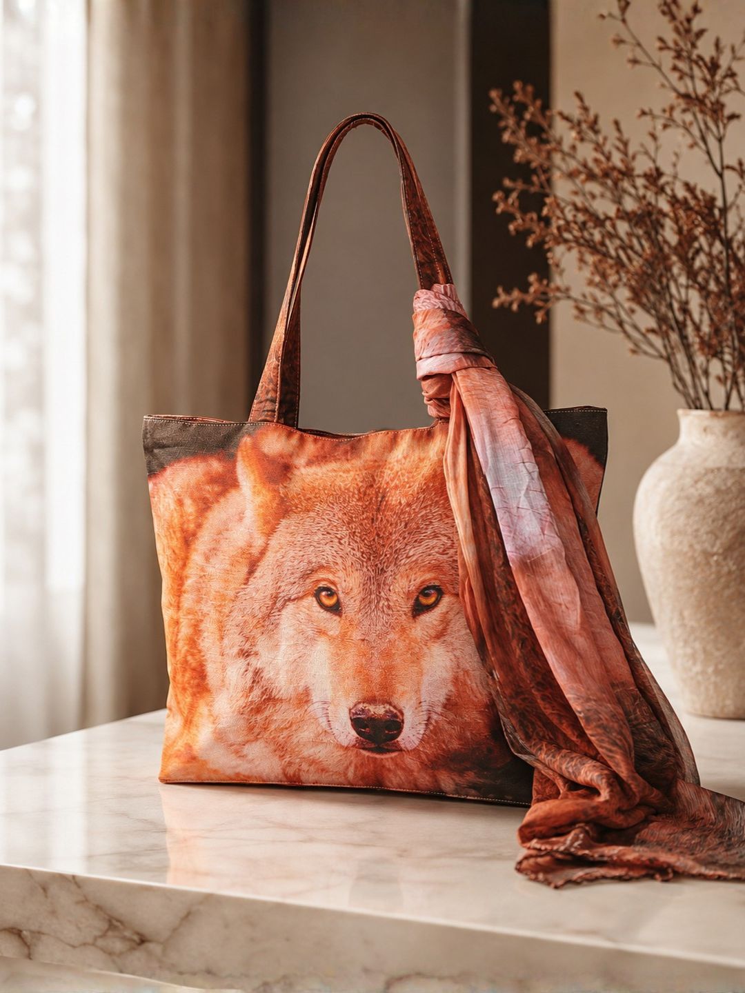 Wildfire Spirit - Wolf Portrait Tote with Earthy Flame Wrap