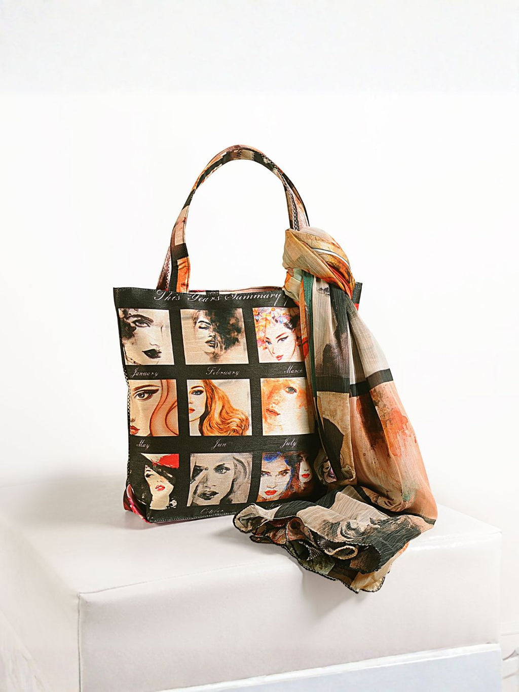"Retro Glance" Artistic Square-Print Tote Bag with Matching Scarf