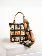 "Retro Glance" Artistic Square-Print Tote Bag with Matching Scarf