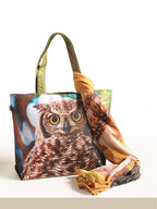 Night Watcher - Owl Portrait Tote with Forest-Hued Wrap