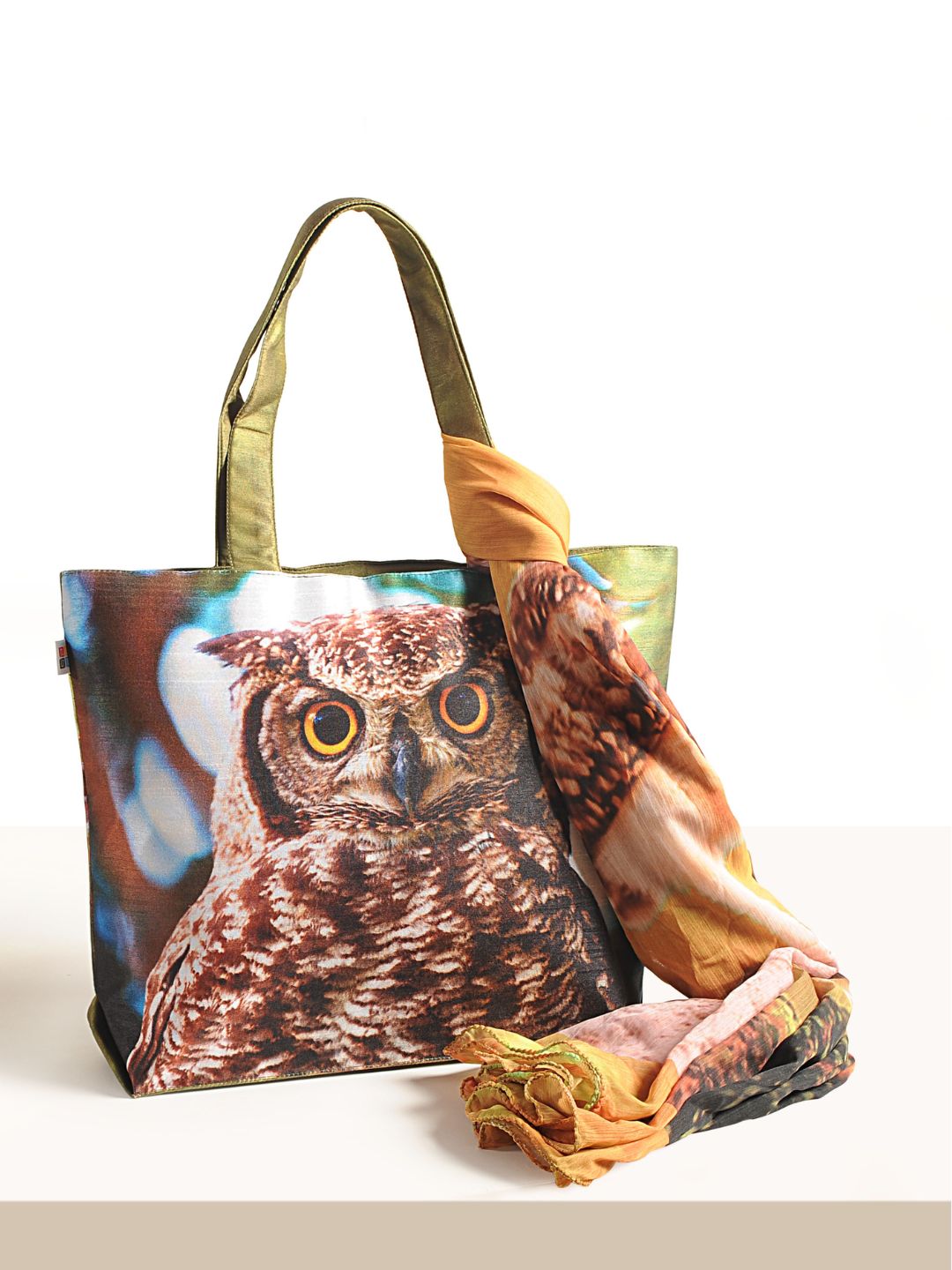 Night Watcher - Owl Portrait Tote with Forest-Hued Wrap