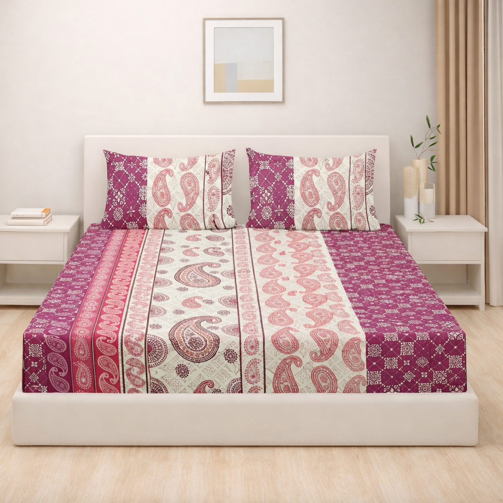 Magenta Paisley Print Pure Cotton 120 TC Double Queen Bedsheet with 2 Pillow Covers (90x100 Inches)