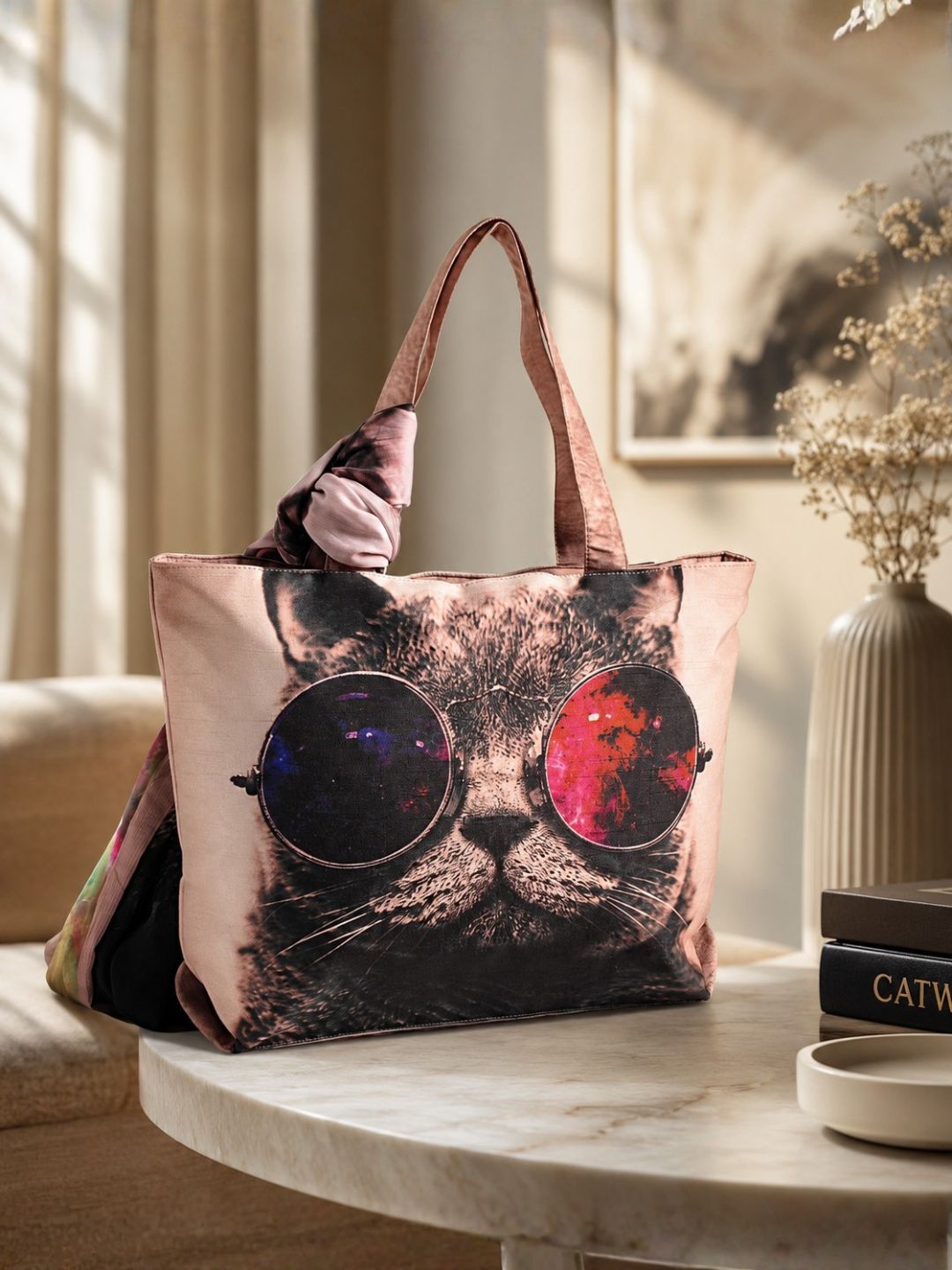 Galactic Whiskers - Digitally Printed Cat-Themed Tote Bag with Abstract Cosmic Design