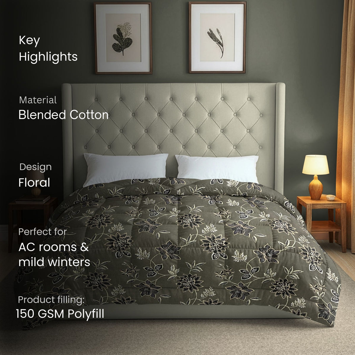 Superior Comfort Blended Cotton AC Quilt 150 GSM Grey Pack of 1
