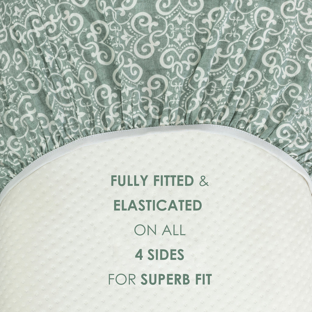 Ornamental Swirl Sage Green 210 TC Pure Cotton King Fitted Bedsheet with 2 Pillow Covers (72 x 78 x 10 Inches)