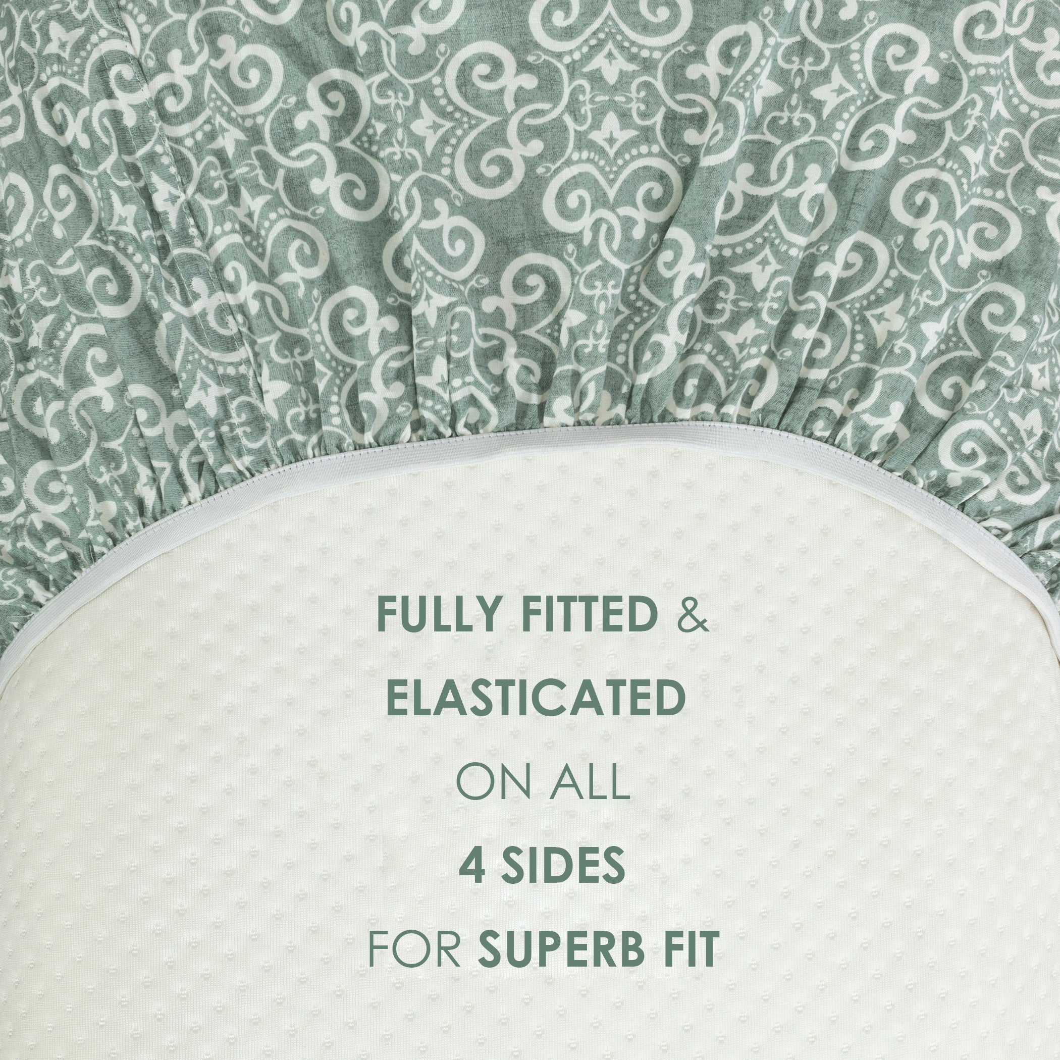 Ornamental Swirl Sage Green 210 TC Pure Cotton King Fitted Bedsheet with 2 Pillow Covers (72 x 78 x 10 Inches)