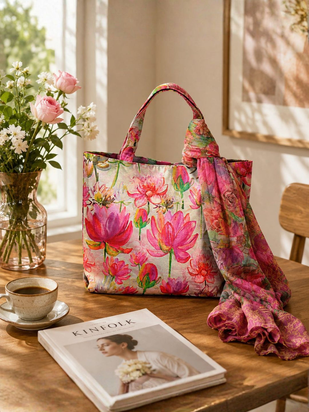 Bloom Whimsy - Pink Lotus & Rose Tote with Floral Wrap