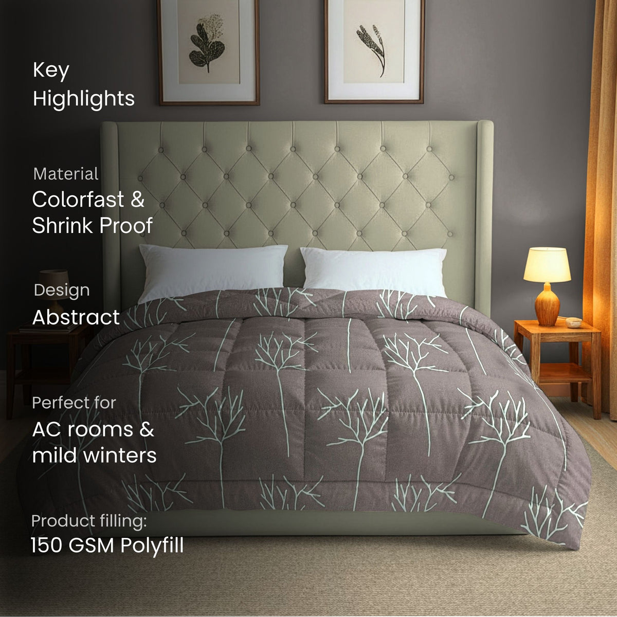 Premium Striped 100% Cotton AC Quilt 150 GSM Grey Pack of 1