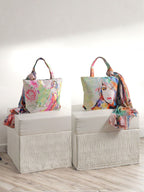 Whimsical Muse - Soft Pastel Shoulder Bag with Artistic Faces & Floral Scarf