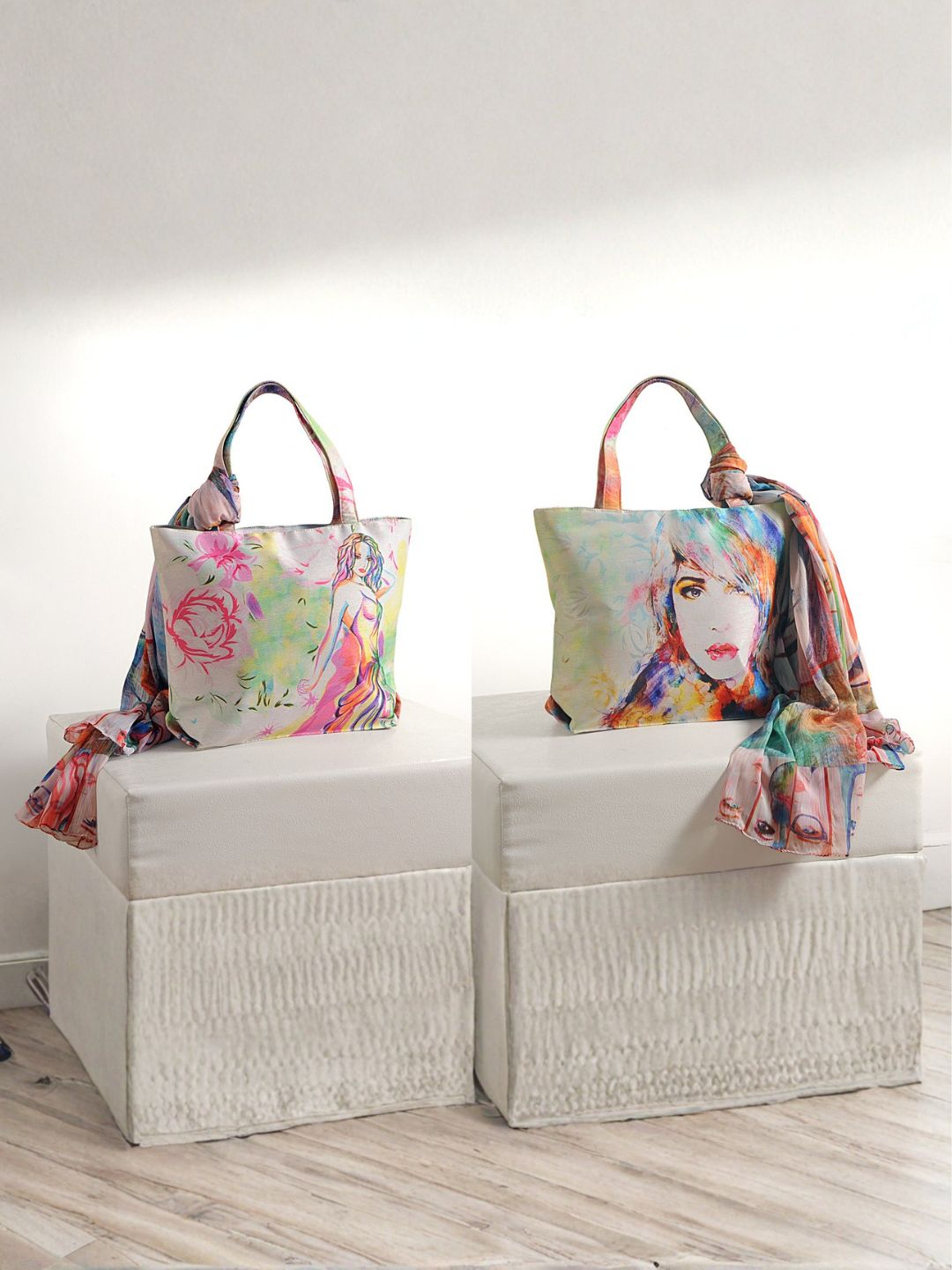 Whimsical Muse - Soft Pastel Shoulder Bag with Artistic Faces & Floral Scarf