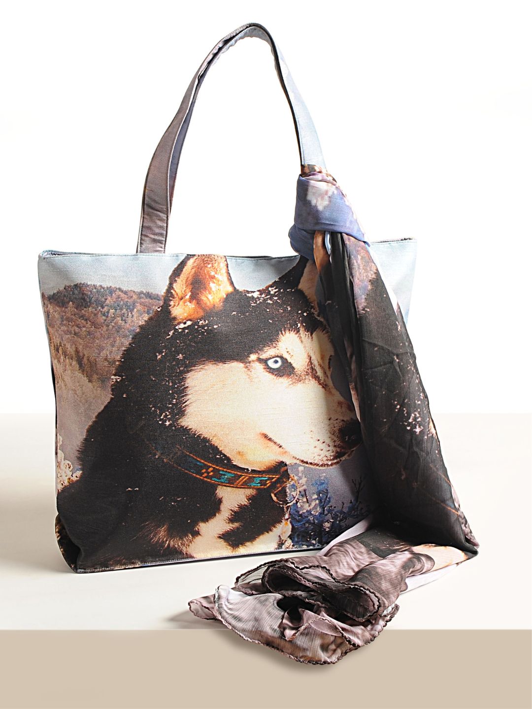 Northern Gaze - Husky Portrait Tote with Mountain Sky Scarf