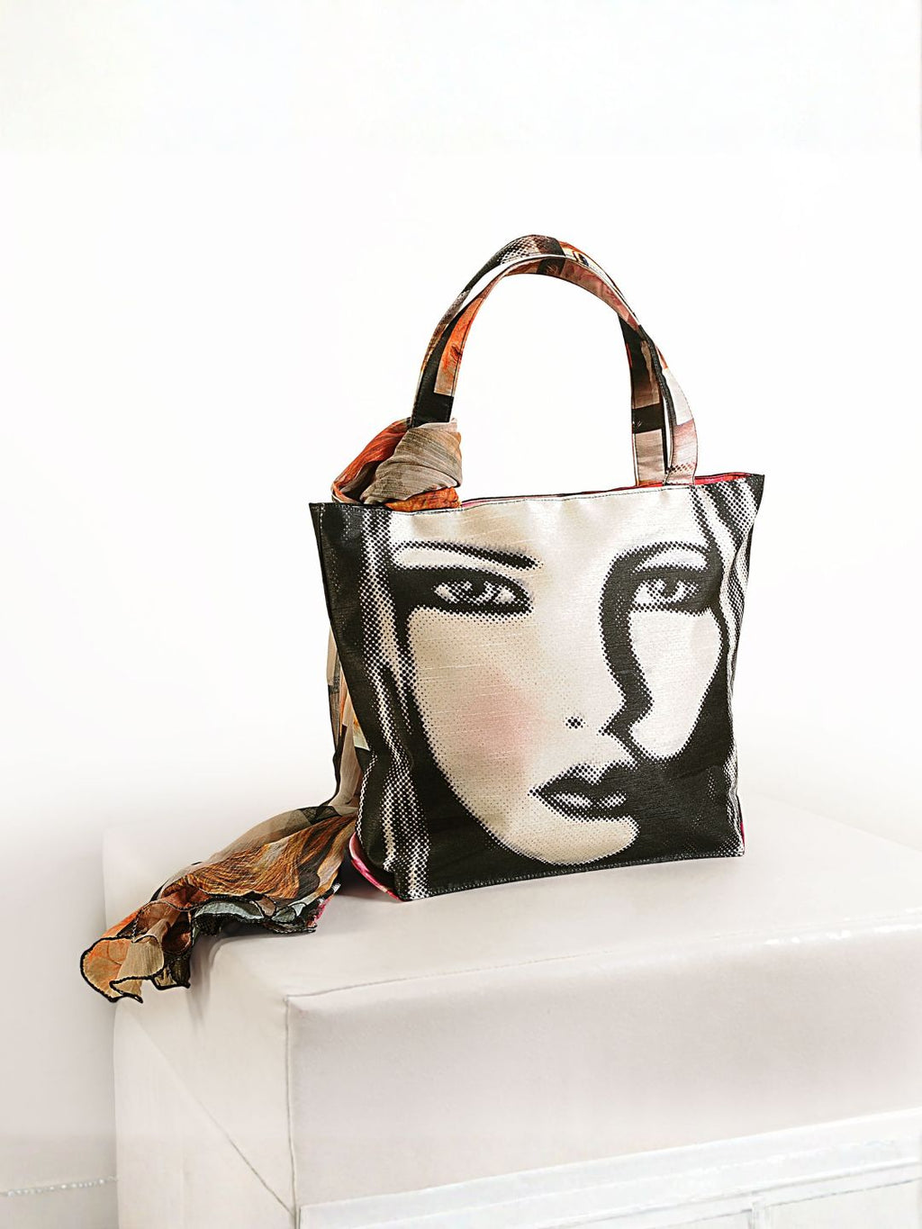 "Retro Glance" Artistic Square-Print Tote Bag with Matching Scarf