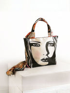 "Retro Glance" Artistic Square-Print Tote Bag with Matching Scarf