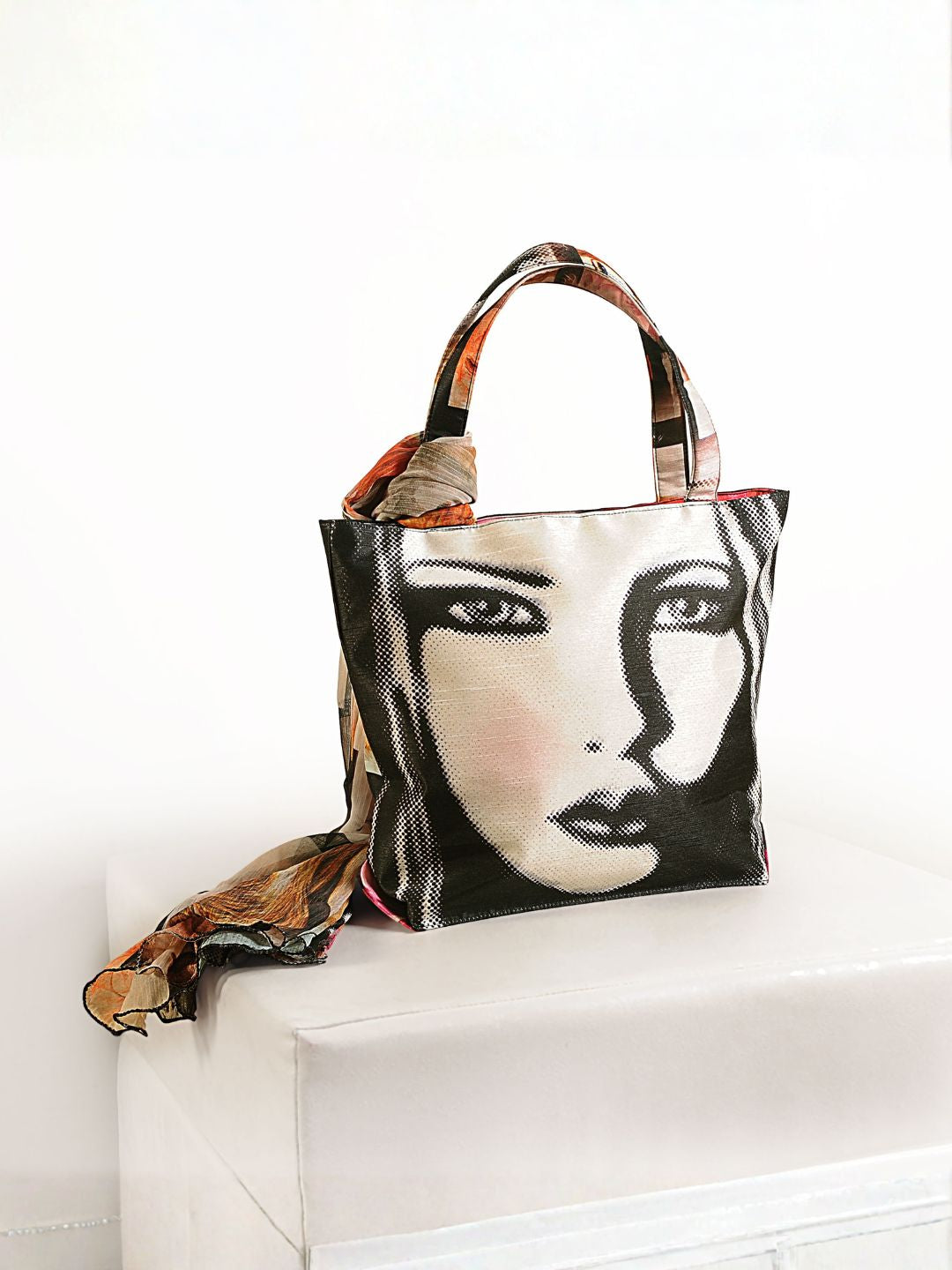 "Retro Glance" Artistic Square-Print Tote Bag with Matching Scarf