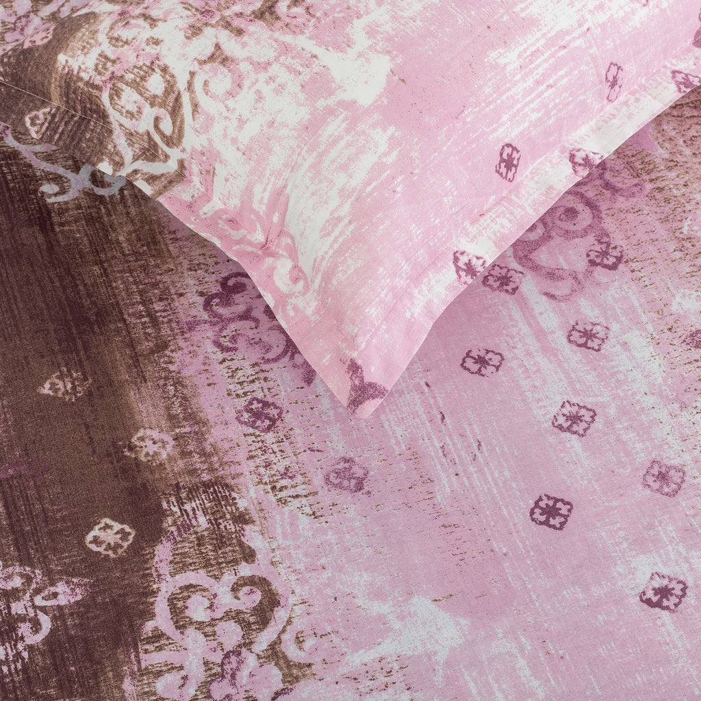 Rose Damask Pink & Brown Abstract 160 TC Pure Cotton Bedsheet with Pillow Cover