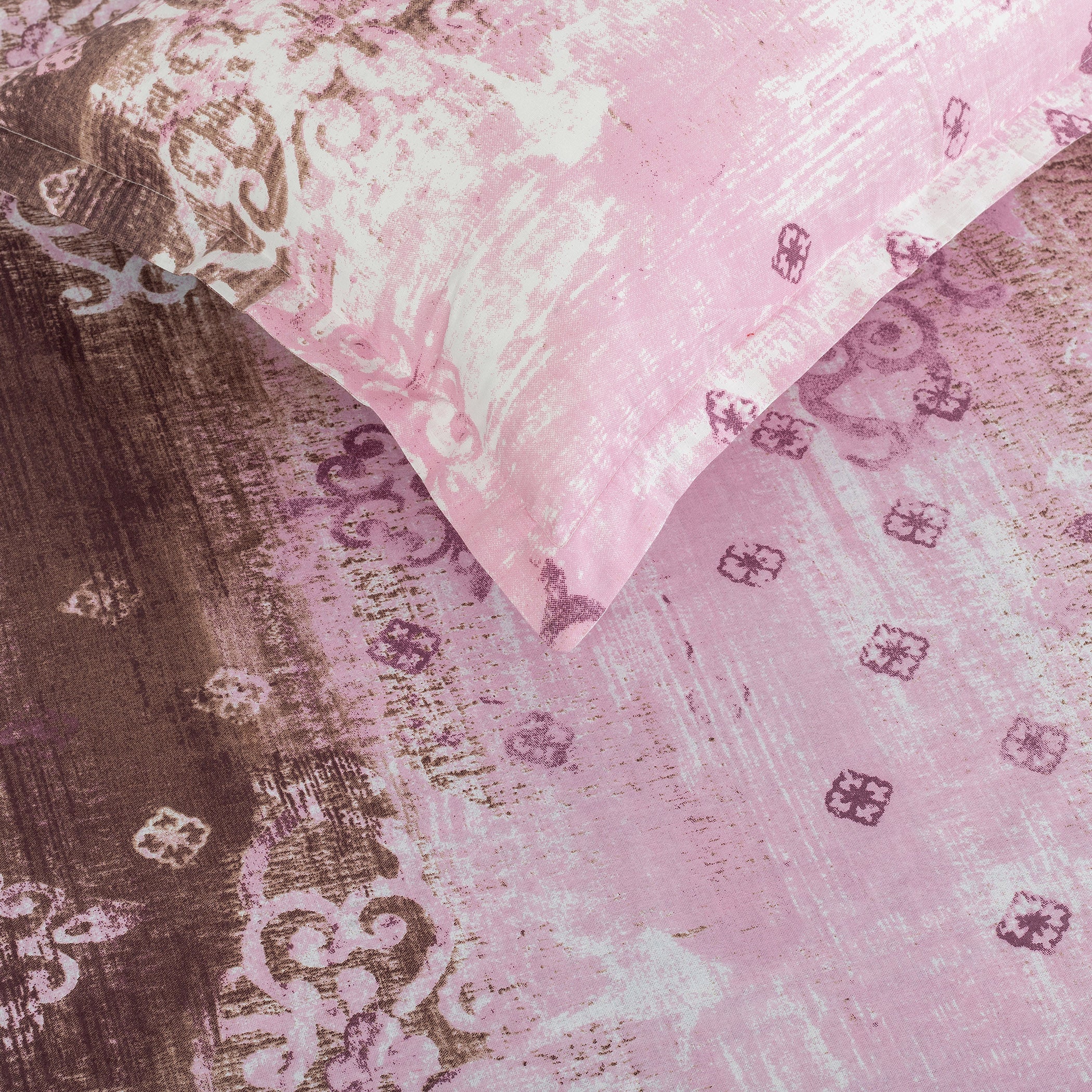 Rose Damask Pink & Brown Abstract 160 TC Pure Cotton Bedsheet with Pillow Cover