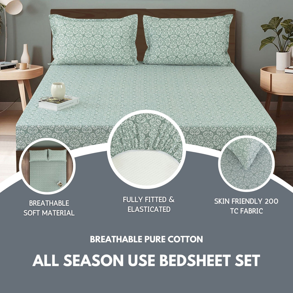 Ornamental Swirl Sage Green 210 TC Pure Cotton King Fitted Bedsheet with 2 Pillow Covers (72 x 78 x 10 Inches)