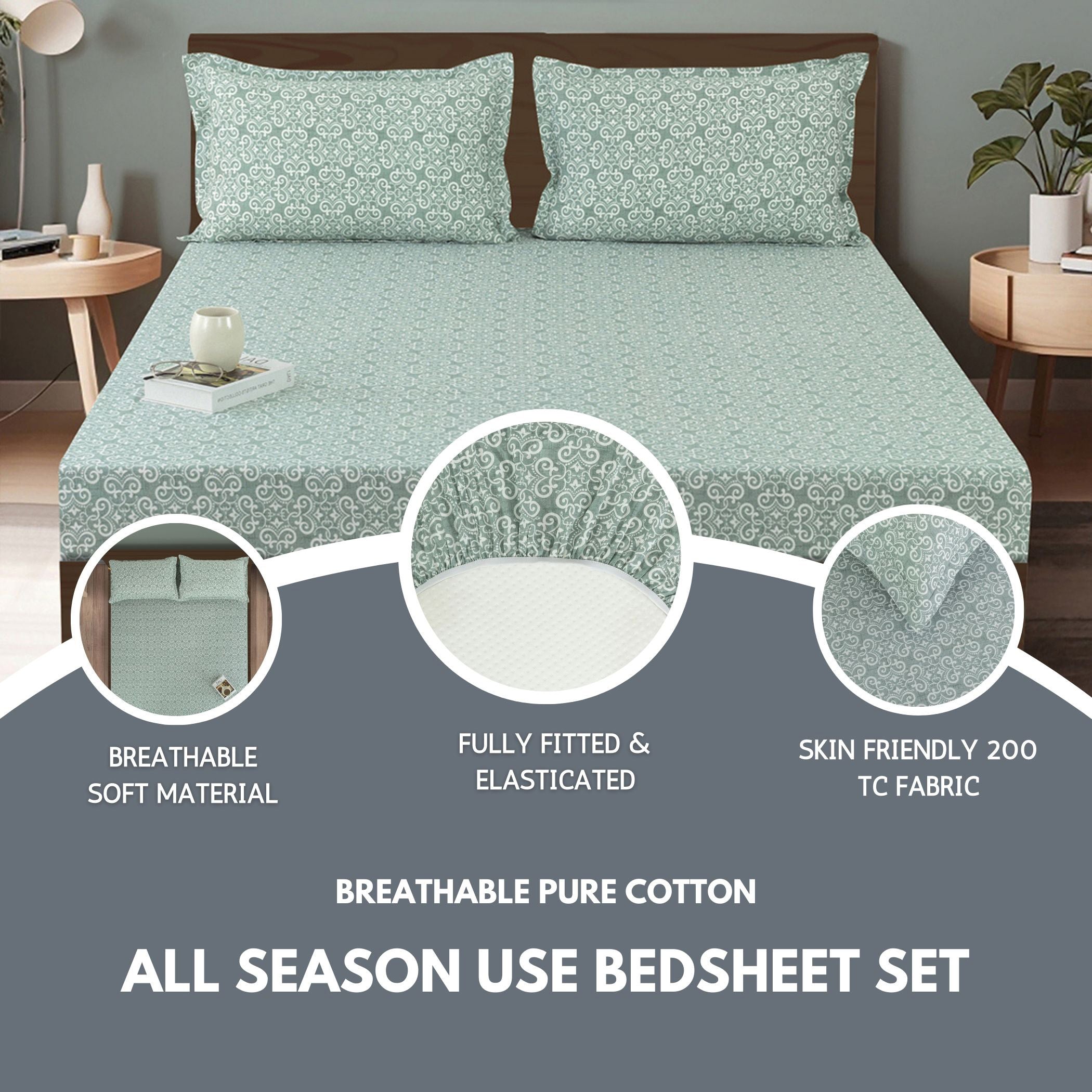 Ornamental Swirl Sage Green 210 TC Pure Cotton King Fitted Bedsheet with 2 Pillow Covers (72 x 78 x 10 Inches)