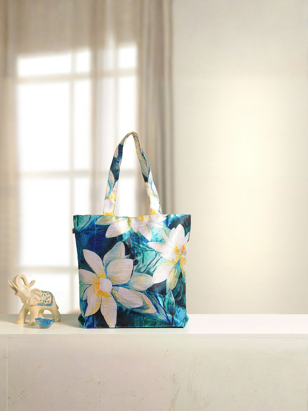 Botanical Lotus Bloom - Floral Printed Tote Bag in Soft Aqua and Yellow Accents
